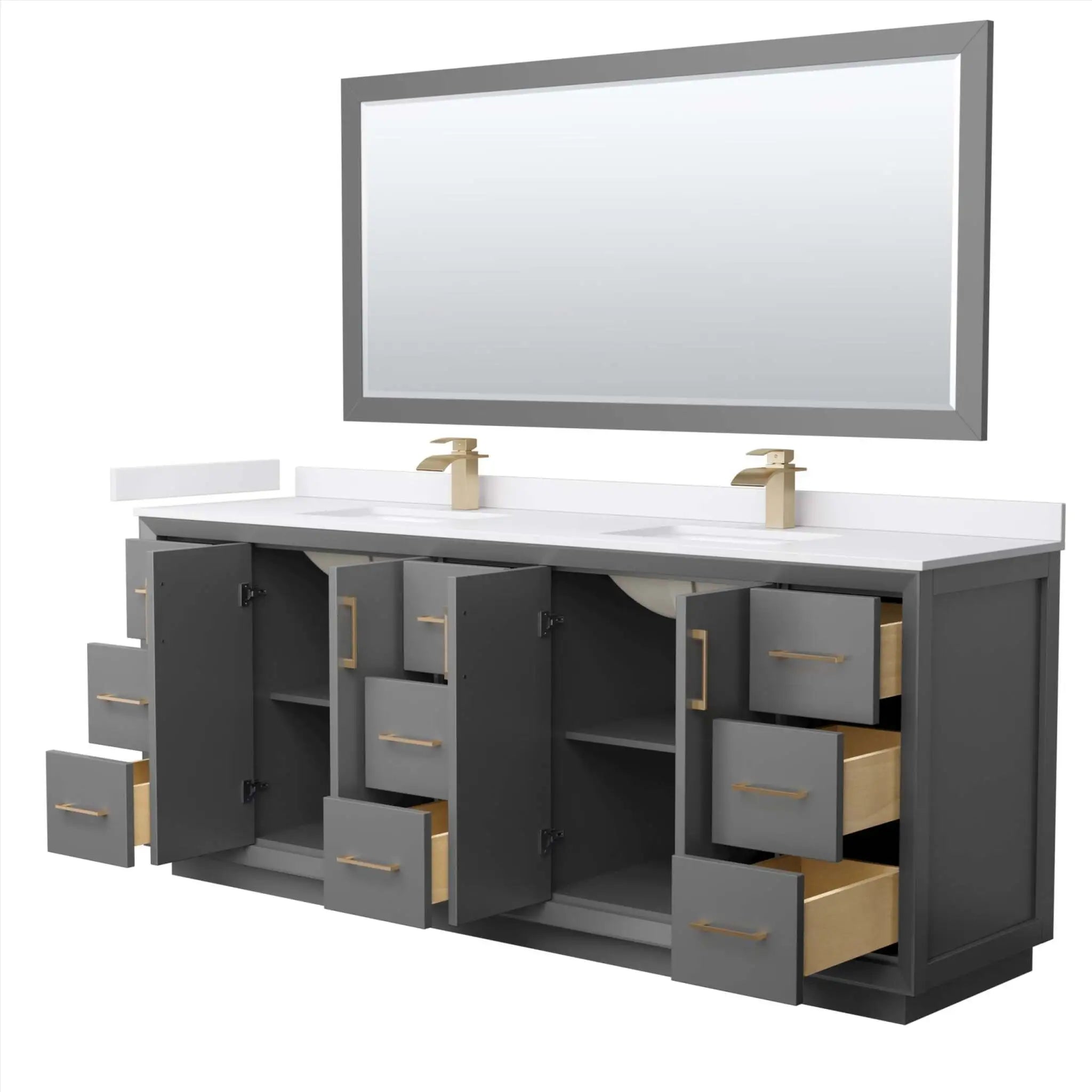 84" Strada Double Bathroom Vanity in Dark Gray with Satin Bronze Trim & 70" Mirror by Wyndham