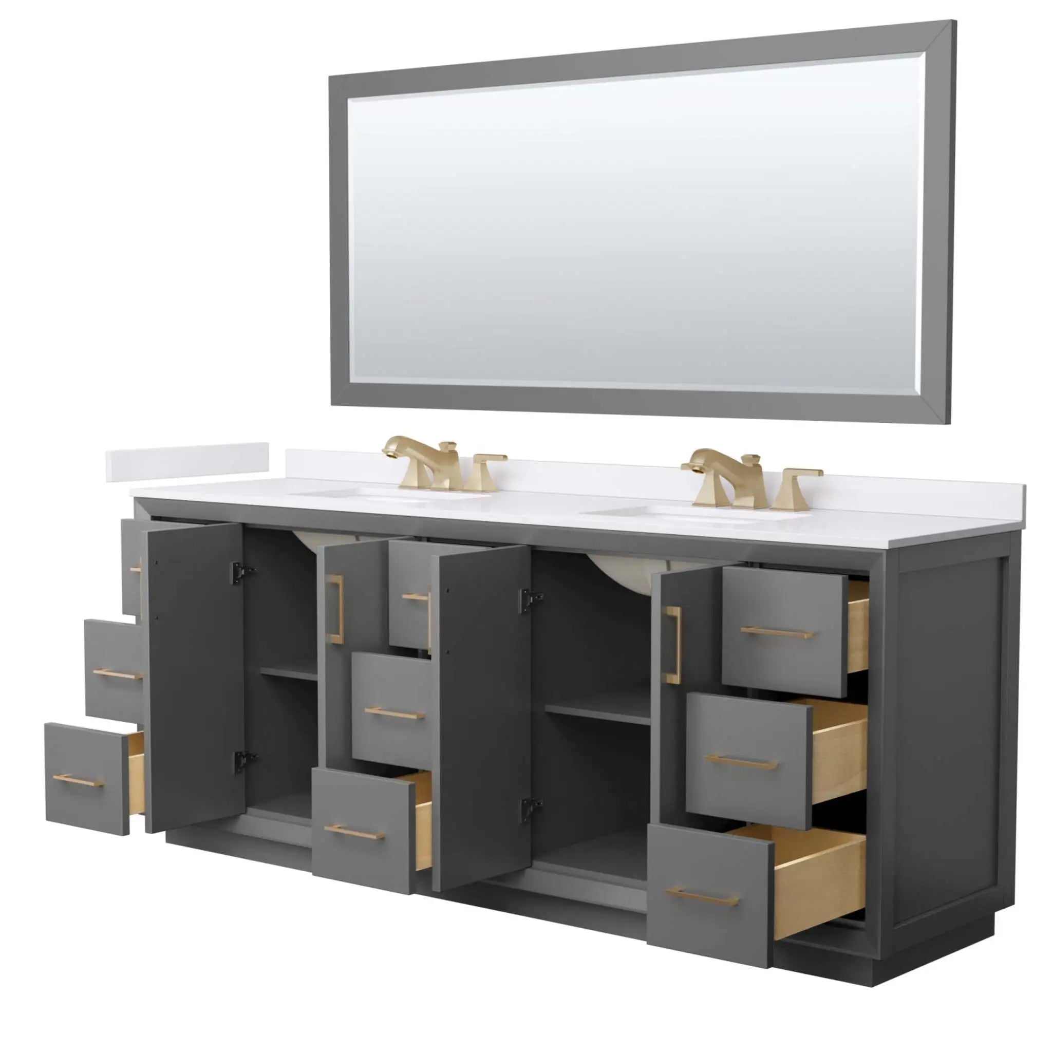 84" Strada Double Bathroom Vanity in Dark Gray with Satin Bronze Trim & 70" Mirror by Wyndham