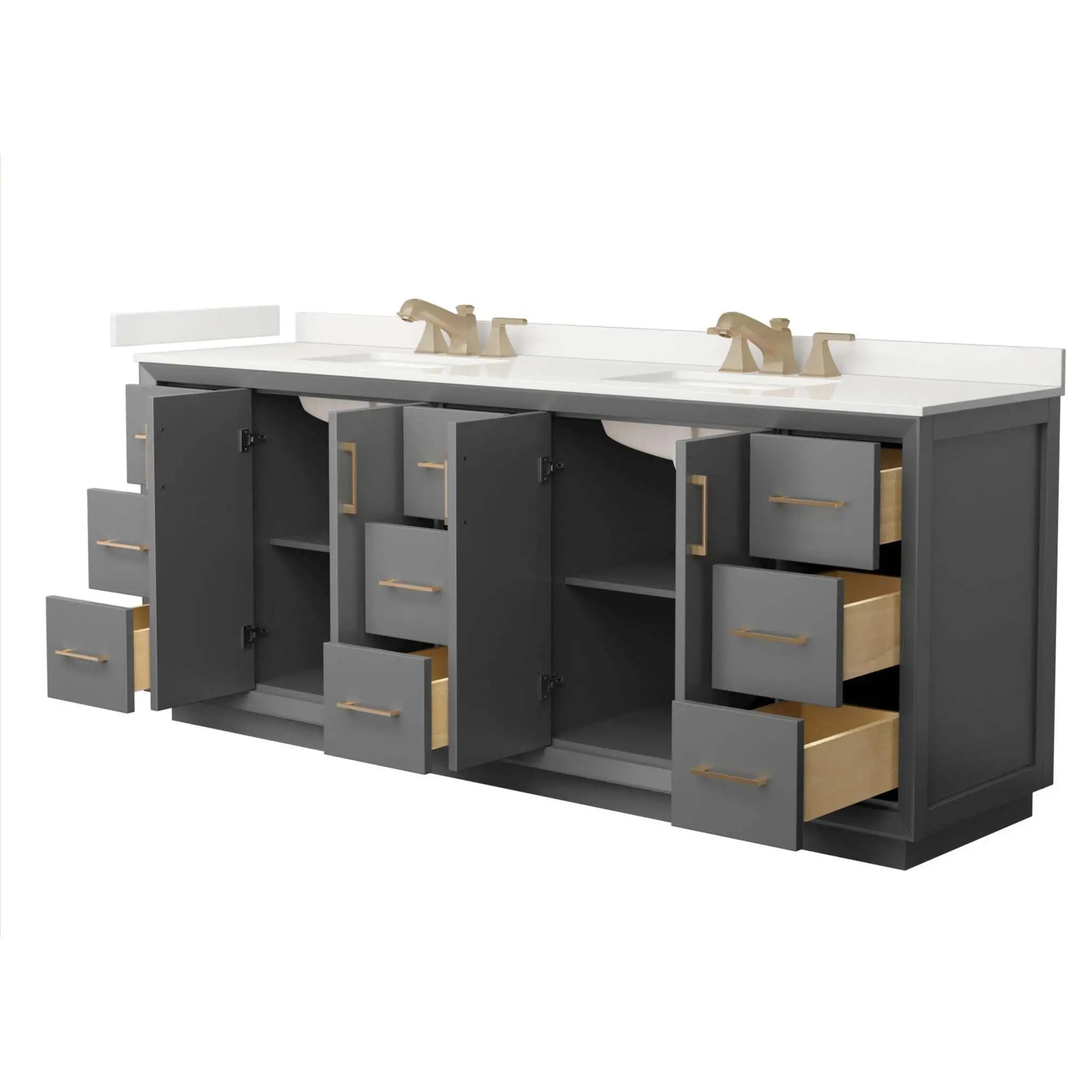84" Strada Double Bathroom Vanity in Dark Gray with Satin Bronze Trim by Wyndham