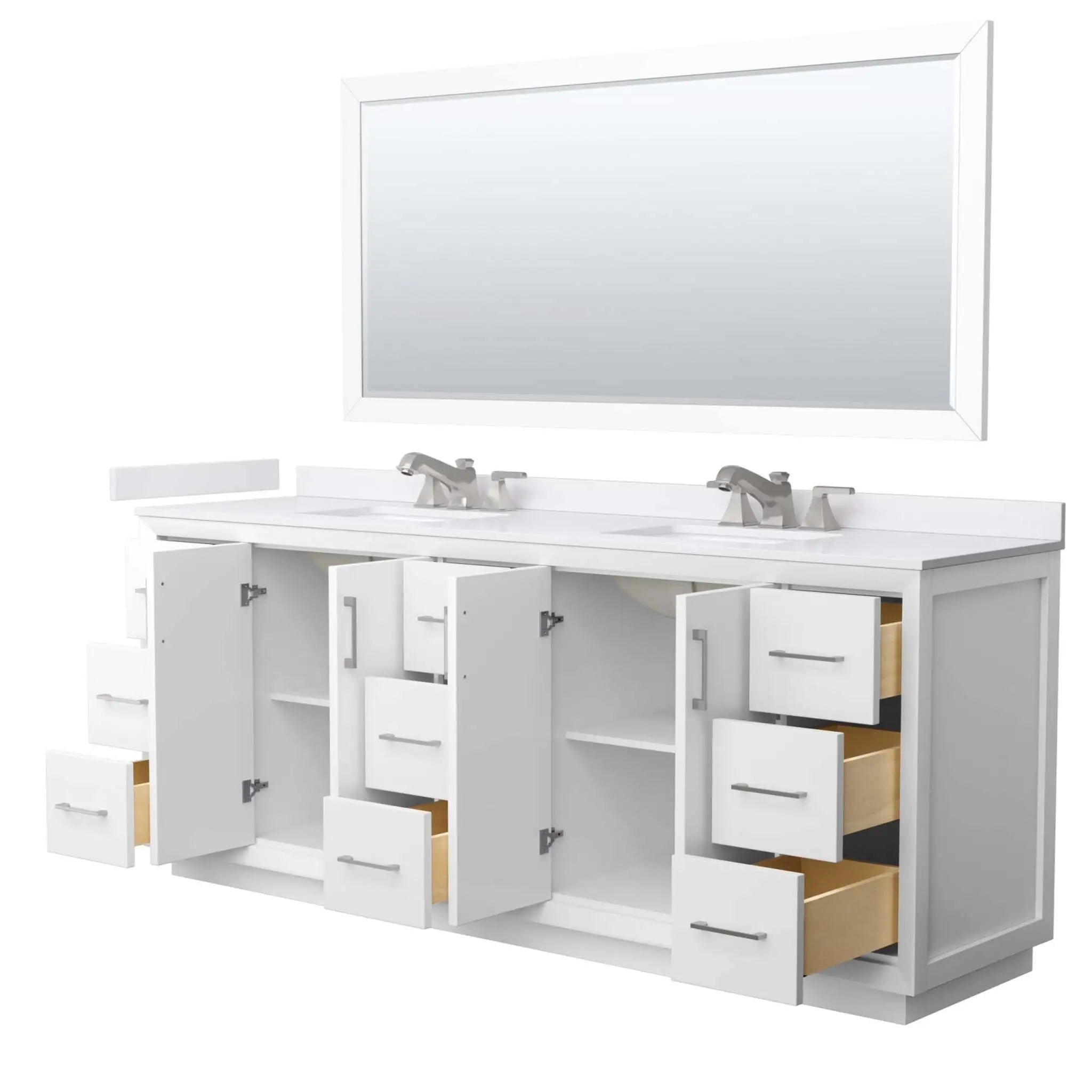 84" Strada Double Bathroom Vanity in White with Brushed Nickel Trim & 70" Mirror by Wyndham
