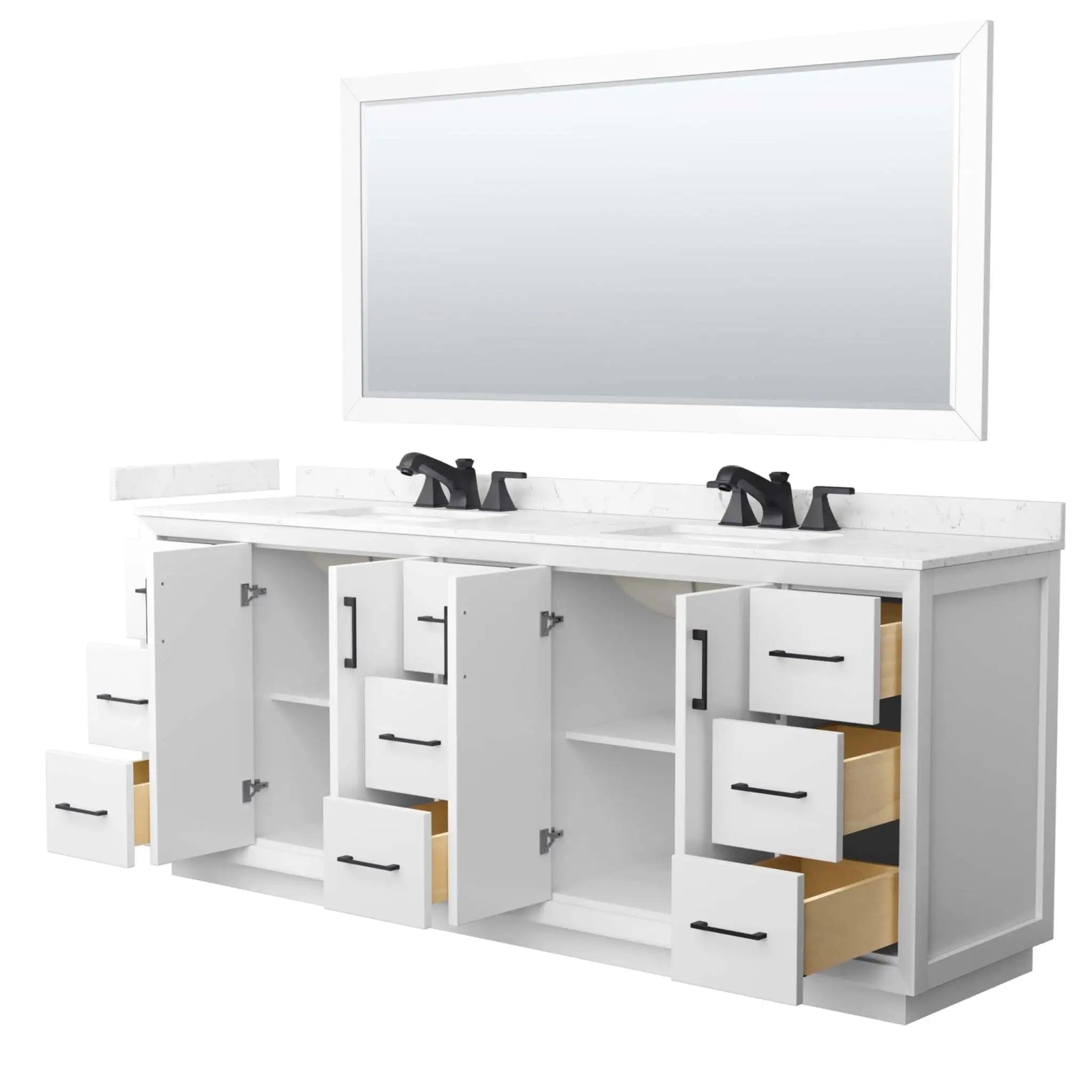 84" Strada Double Bathroom Vanity in White with Matte Black Trim & 70" Mirror by Wyndham