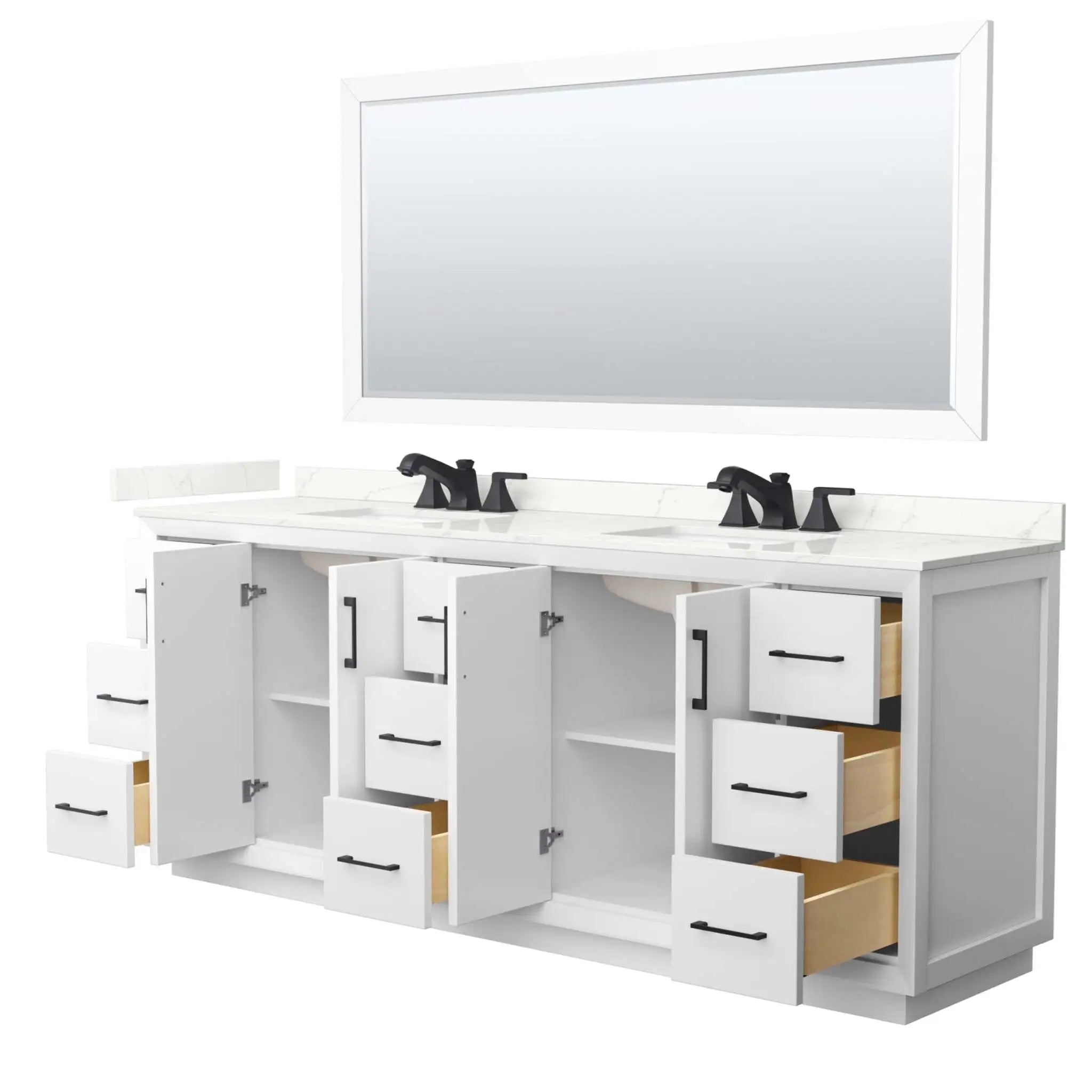 84" Strada Double Bathroom Vanity in White with Matte Black Trim & 70" Mirror by Wyndham