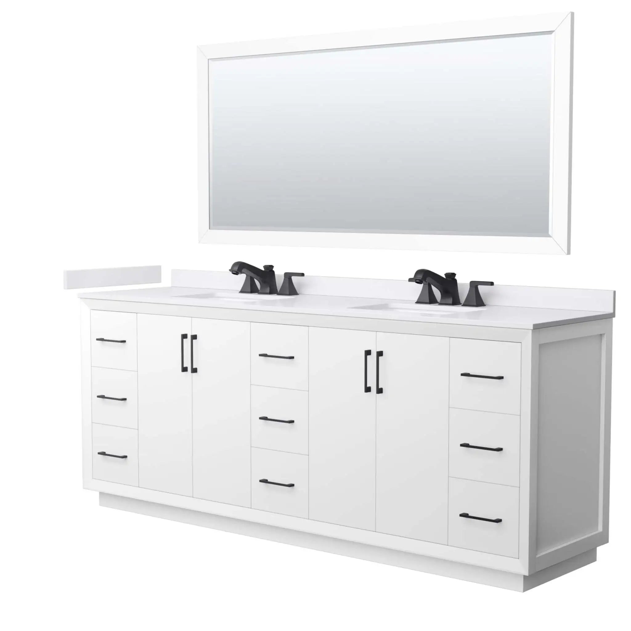 84" Strada Double Bathroom Vanity in White with Matte Black Trim & 70" Mirror by Wyndham