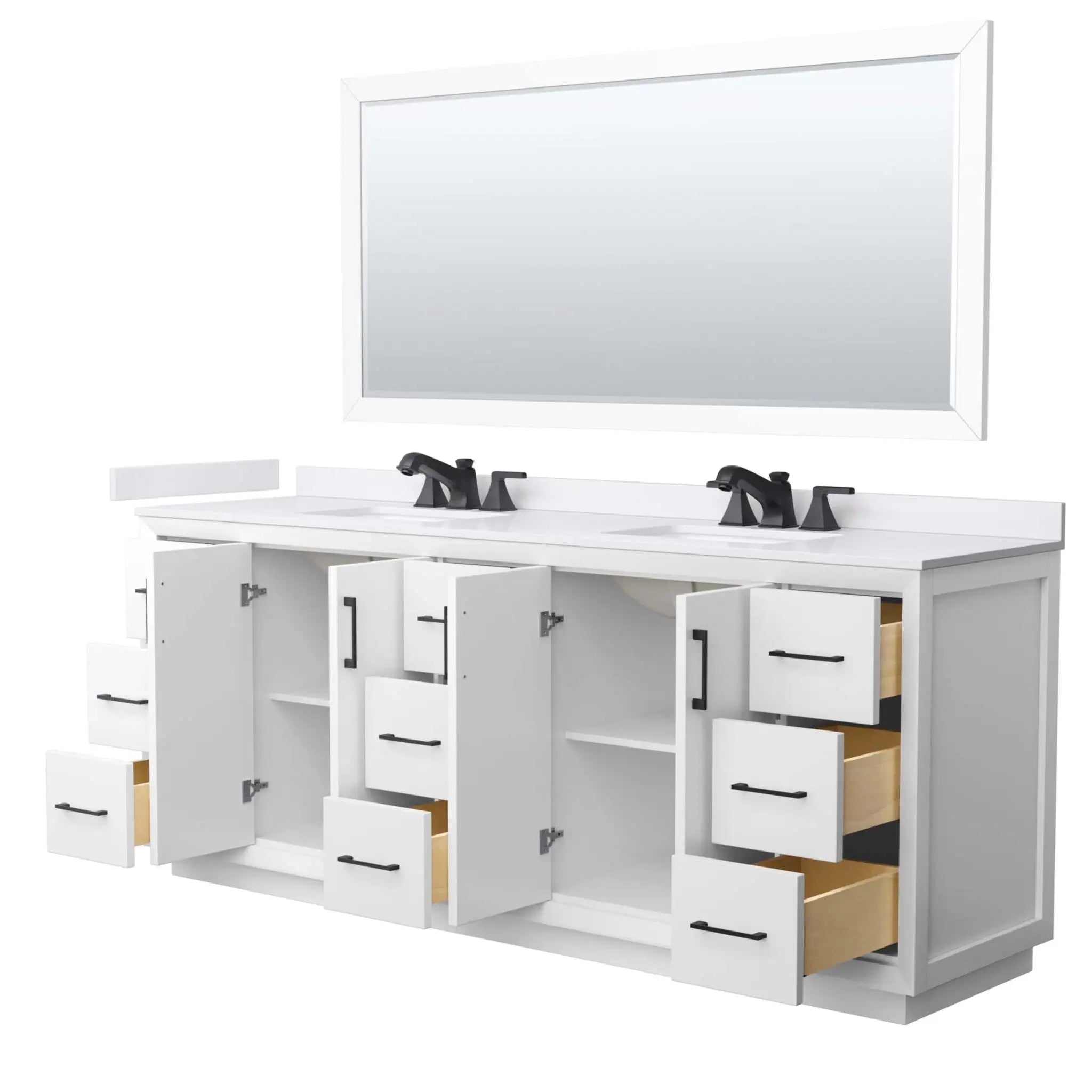 84" Strada Double Bathroom Vanity in White with Matte Black Trim & 70" Mirror by Wyndham