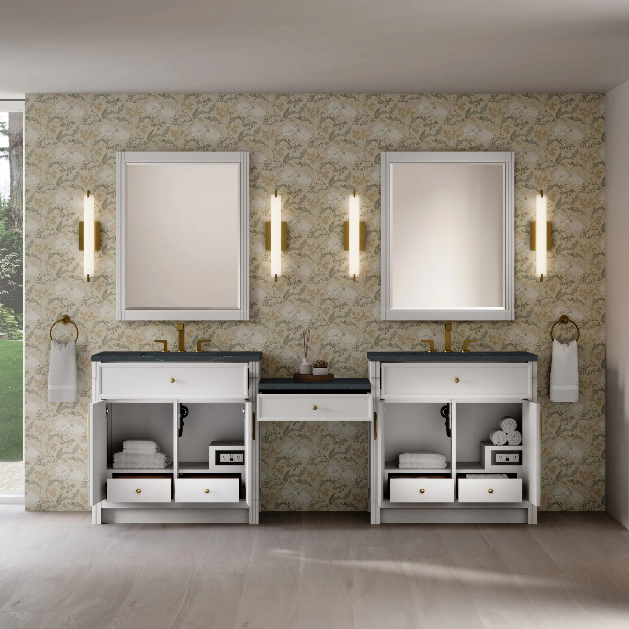 96" Bellshire Dual Vanity in Bright White with 24" Make-Up Counter by James Martin Vanities-Charcoal Soapstone Silestone 2