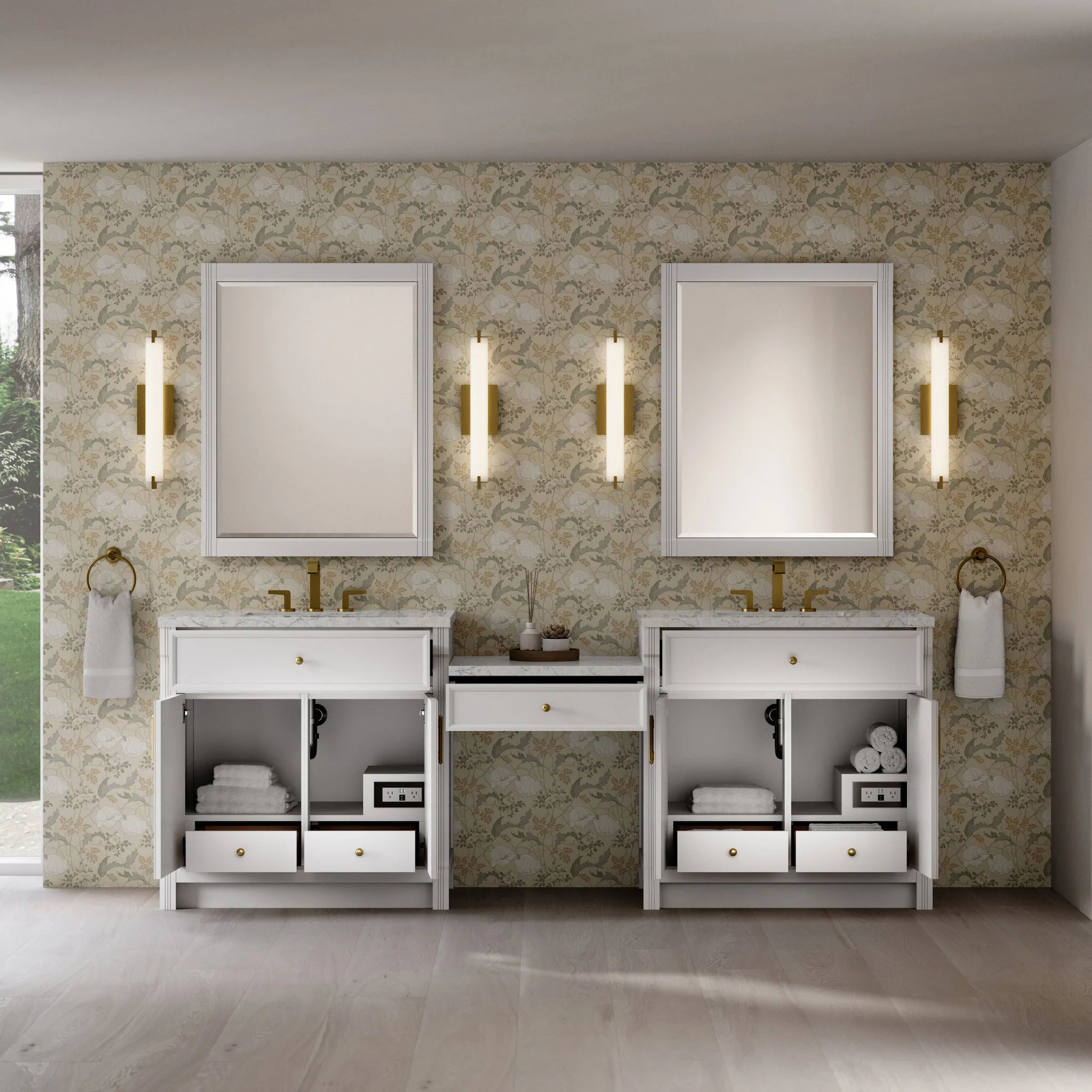 96" Bellshire Dual Vanity in Bright White with 24" Make-Up Counter by James Martin Vanities-Eternal Jasmine Pearl Silestone 2