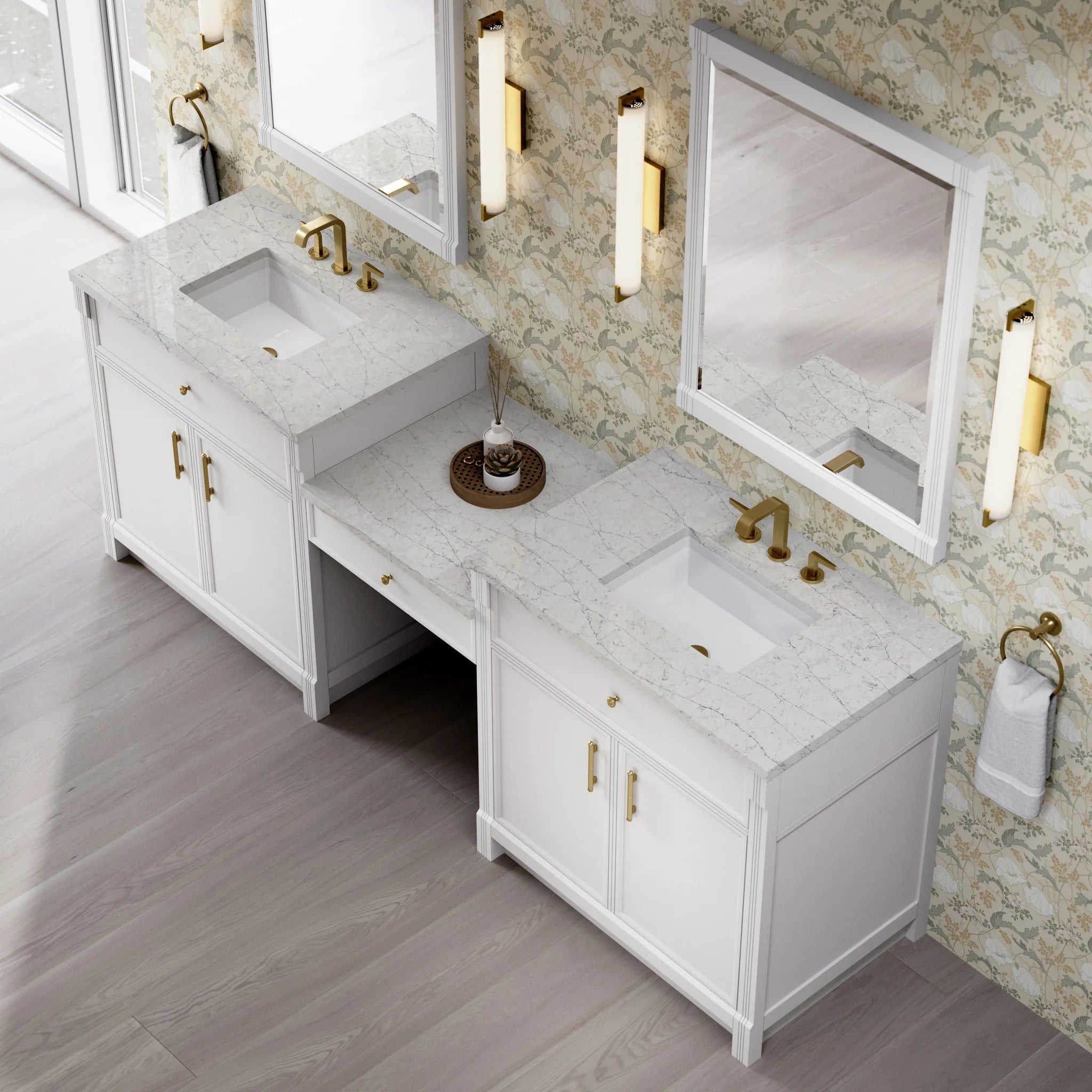96" Bellshire Dual Vanity in Bright White with 24" Make-Up Counter by James Martin Vanities-Eternal Jasmine Pearl Silestone 3