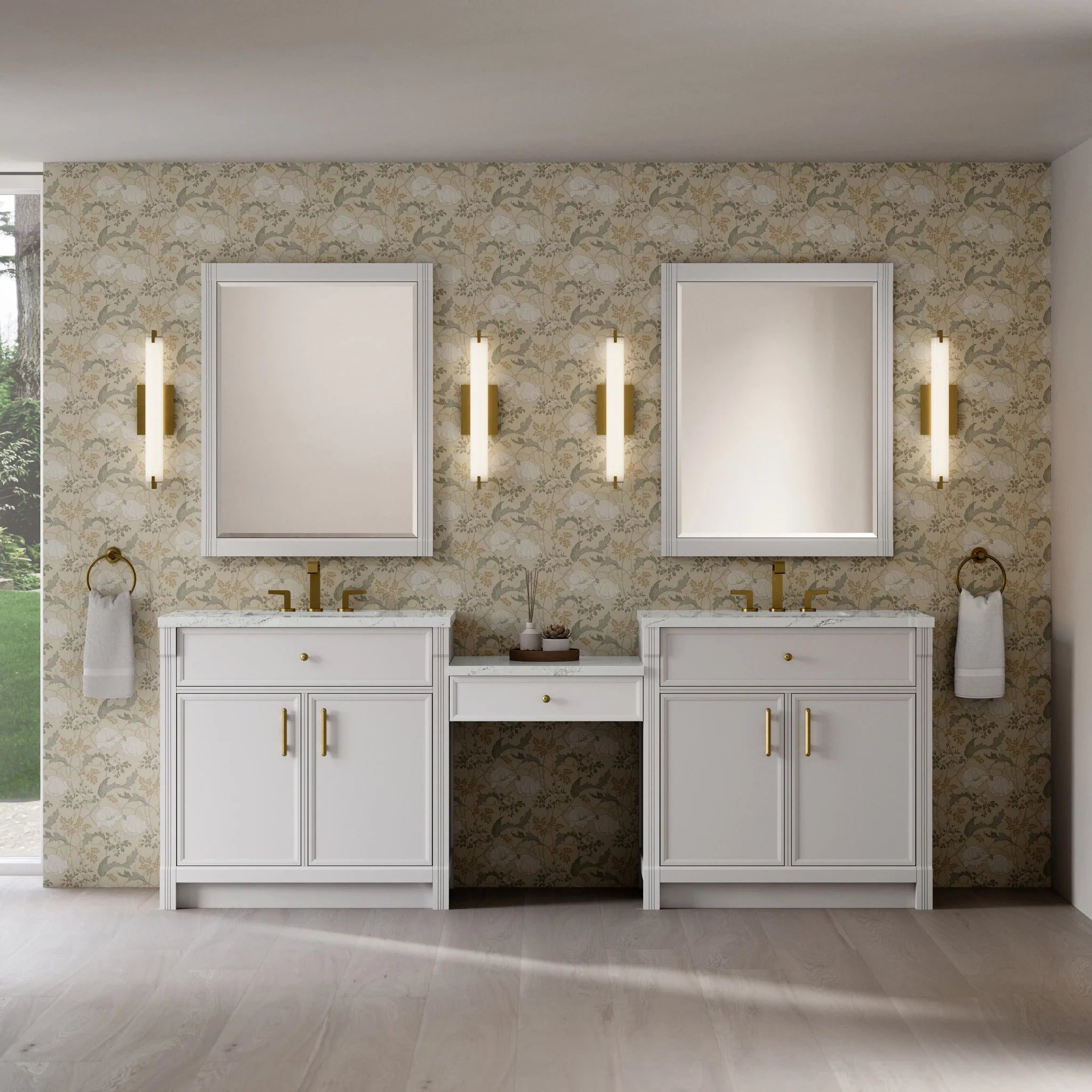 96" Bellshire Dual Vanity in Bright White with 24" Make-Up Counter by James Martin Vanities-Ethereal Noctis Silestone 1