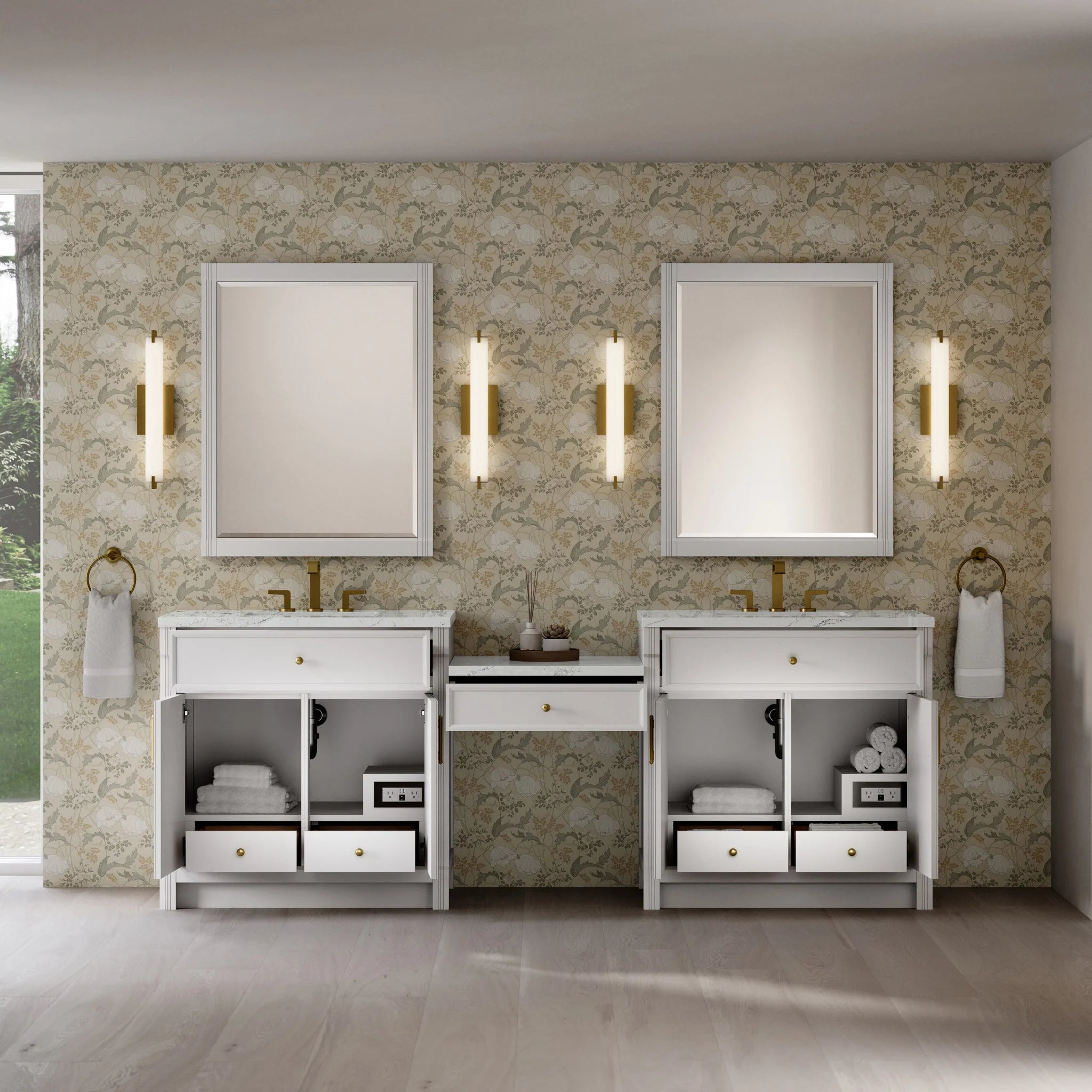 96" Bellshire Dual Vanity in Bright White with 24" Make-Up Counter by James Martin Vanities-Ethereal Noctis Silestone 2