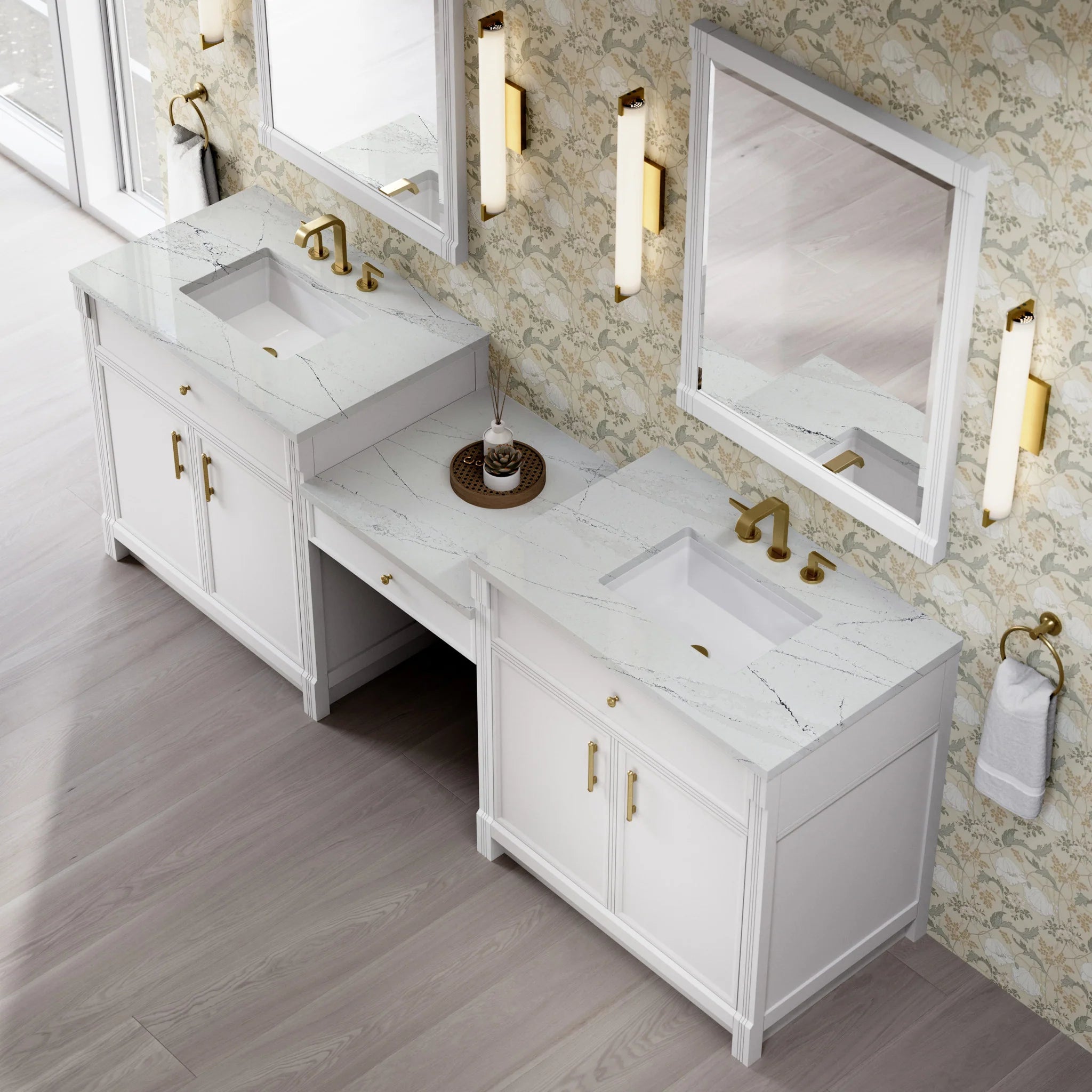 96" Bellshire Dual Vanity in Bright White with 24" Make-Up Counter by James Martin Vanities-Ethereal Noctis Silestone 3