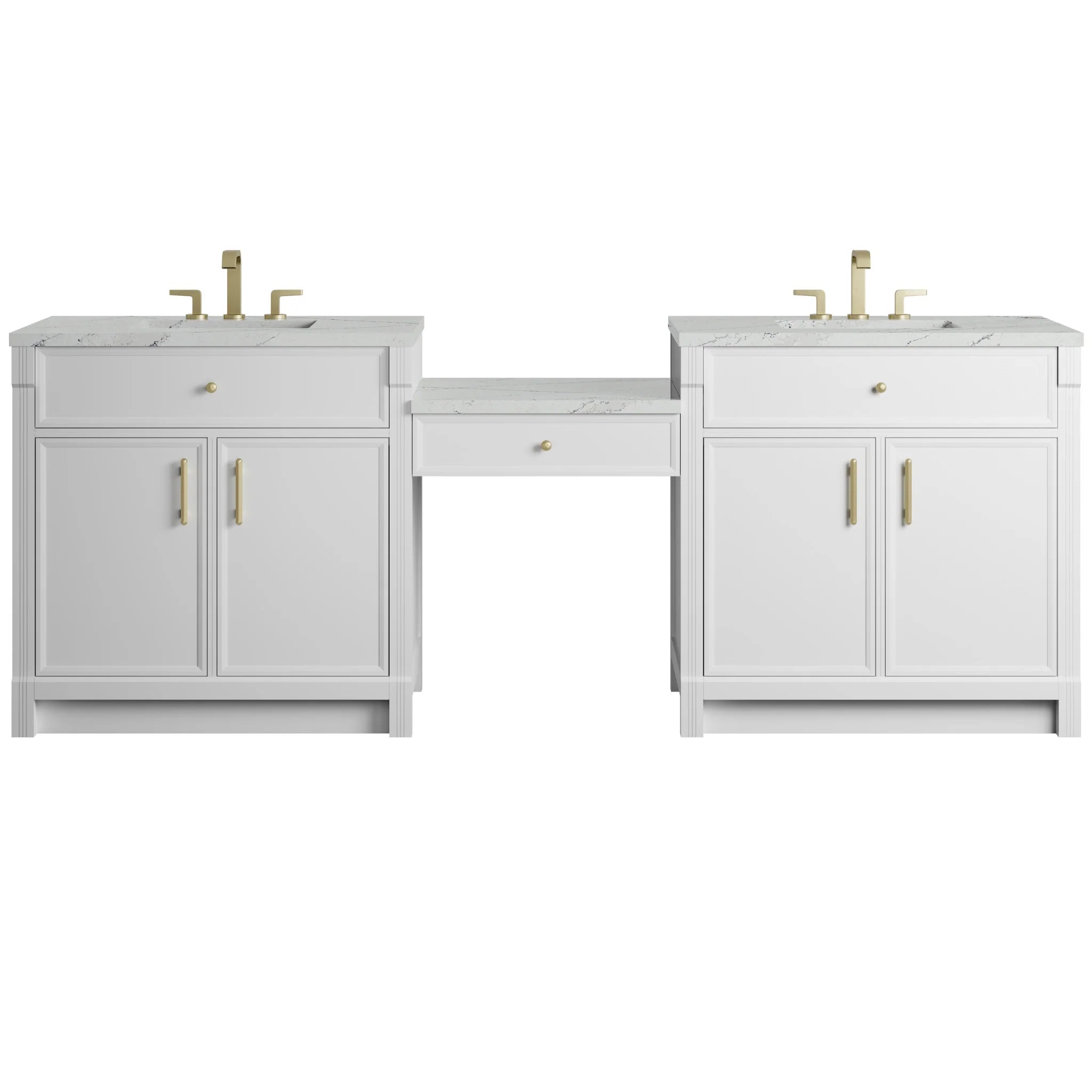 96" Bellshire Dual Vanity in Bright White with 24" Make-Up Counter by James Martin Vanities-Ethereal Noctis Silestone