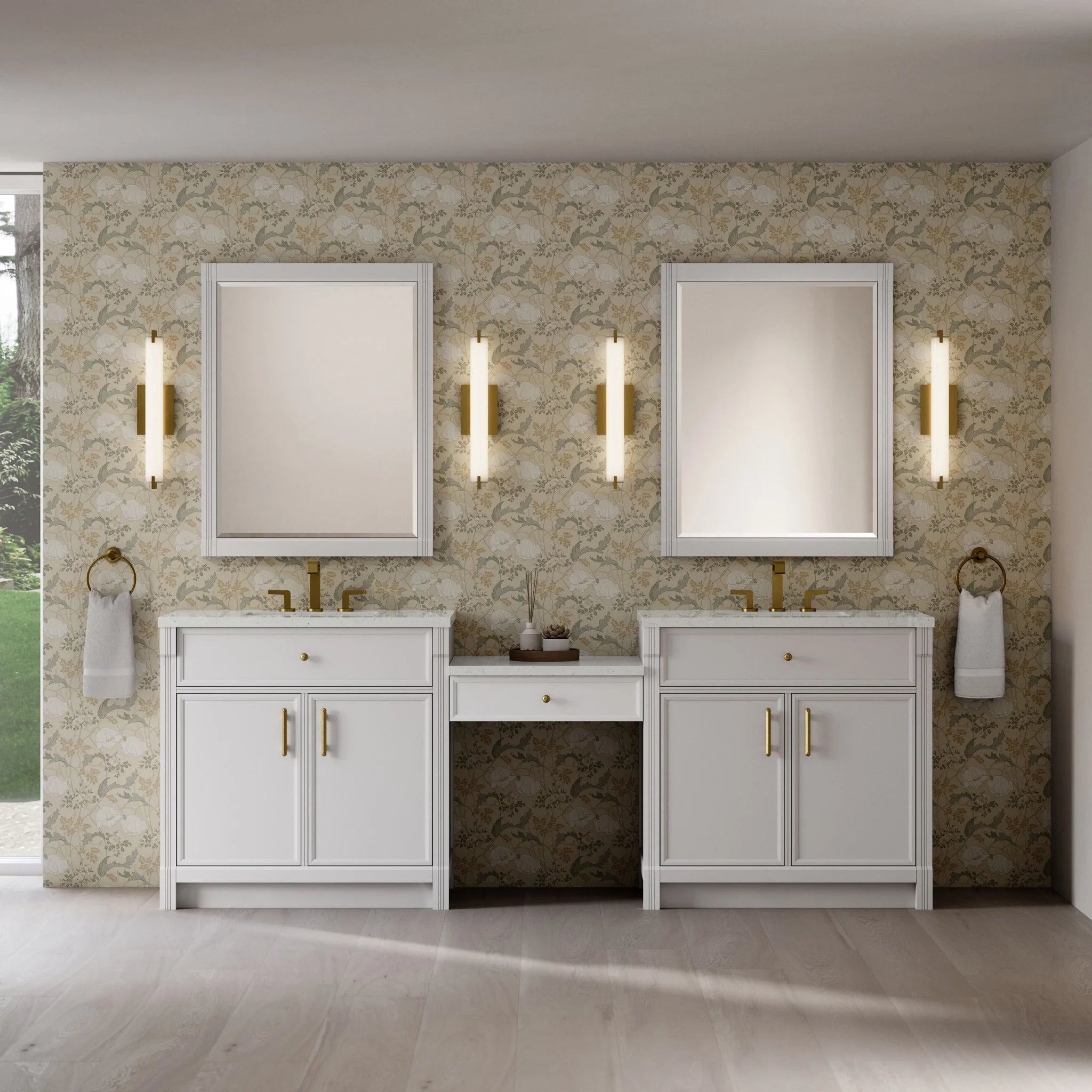 96" Bellshire Dual Vanity in Bright White with 24" Make-Up Counter by James Martin Vanities-Lime Delight Silestone 1