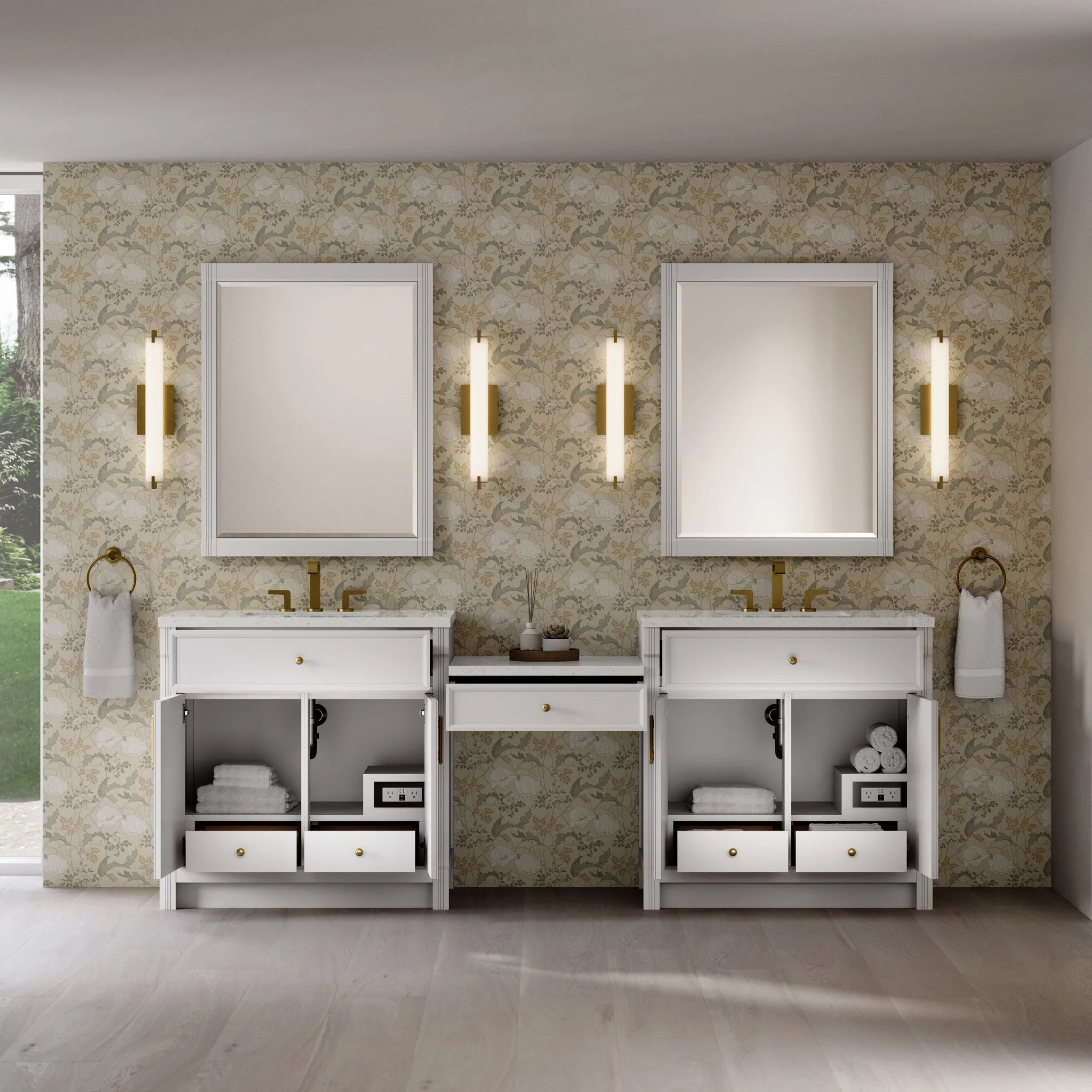 96" Bellshire Dual Vanity in Bright White with 24" Make-Up Counter by James Martin Vanities-Lime Delight Silestone 2