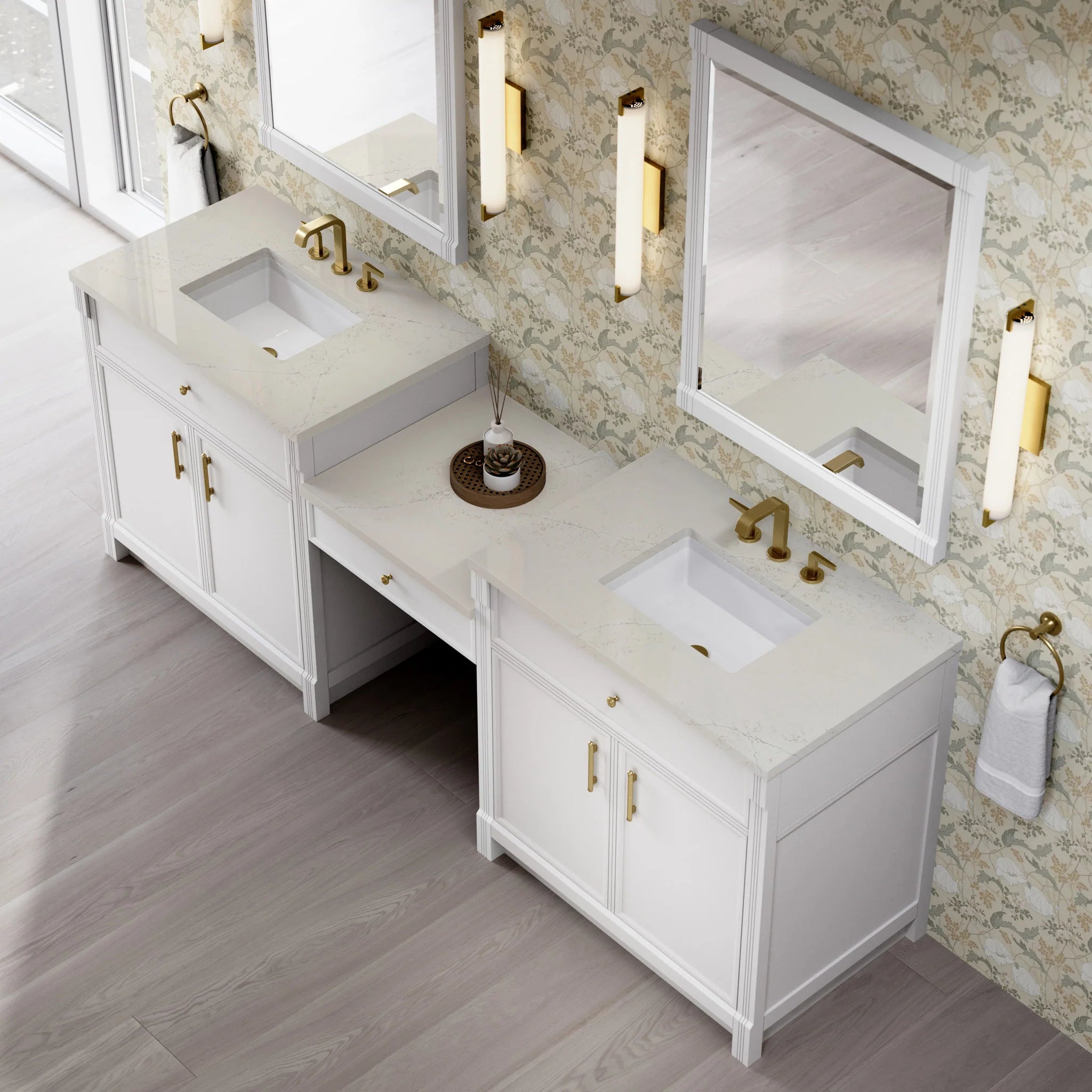 96" Bellshire Dual Vanity in Bright White with 24" Make-Up Counter by James Martin Vanities-Siberian Silestone 3