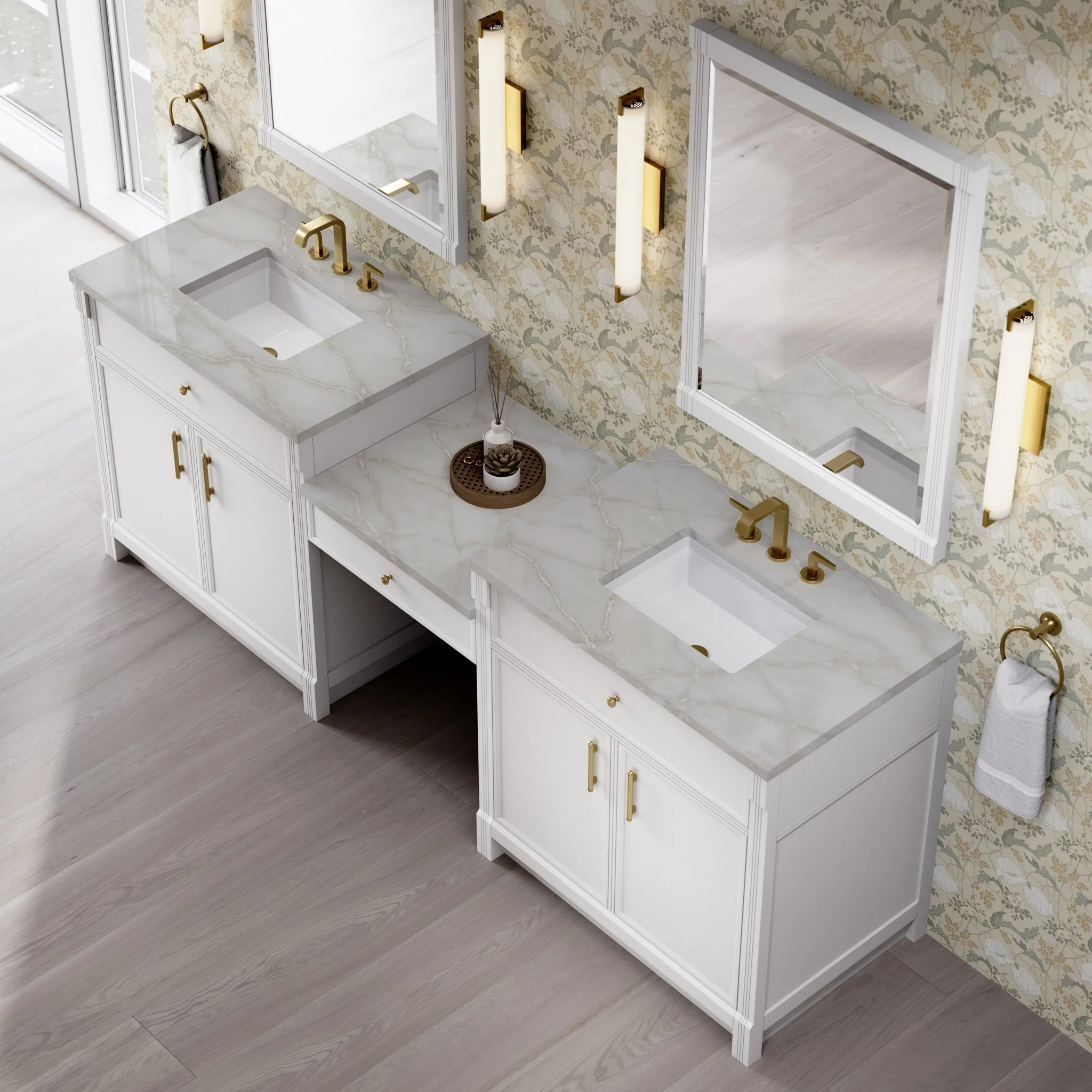 96" Bellshire Dual Vanity in Bright White with 24" Make-Up Counter by James Martin Vanities-Victorian Silver Silestone 3
