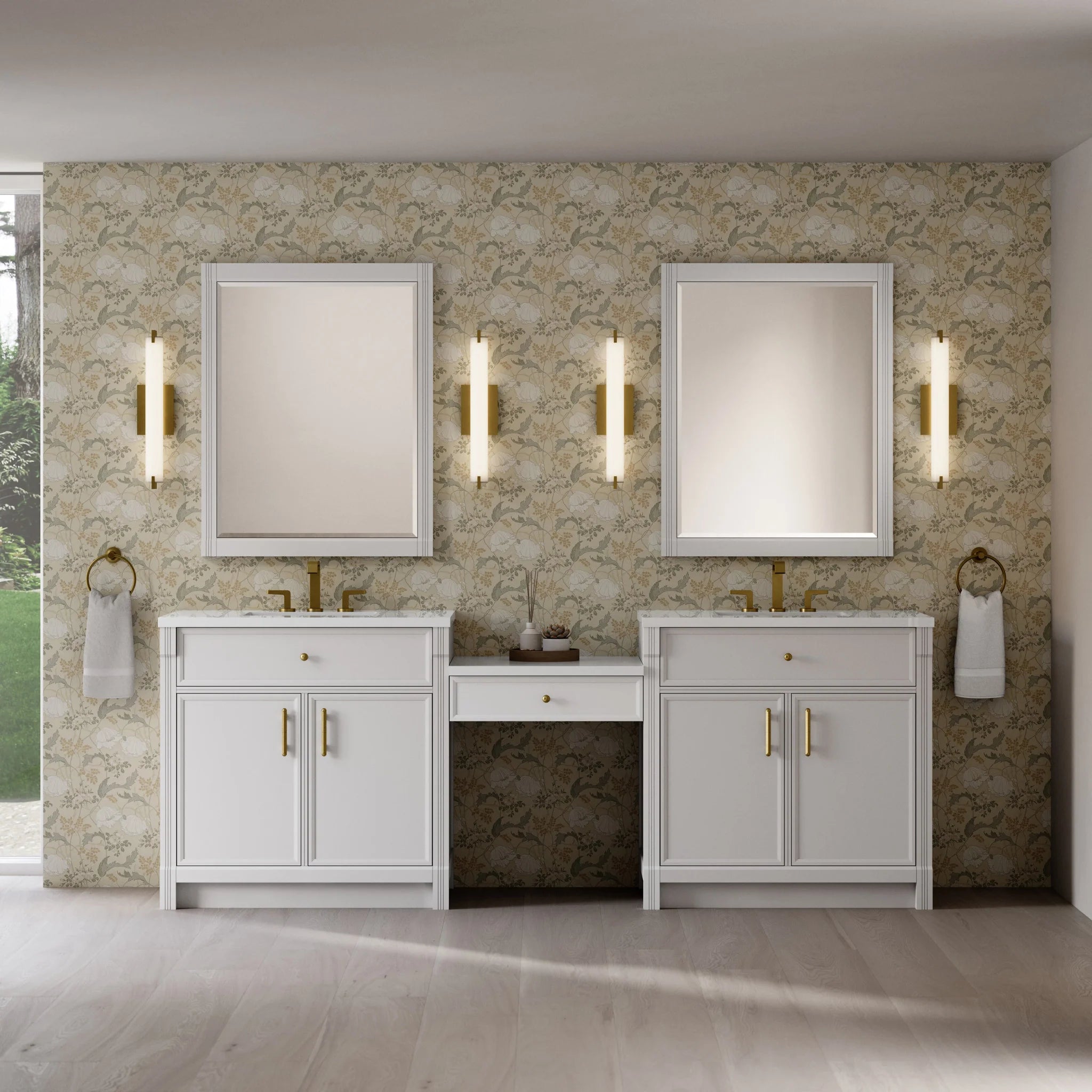 96" Bellshire Dual Vanity in Bright White with 24" Make-Up Counter by James Martin Vanities-White Zeus Silestone 1