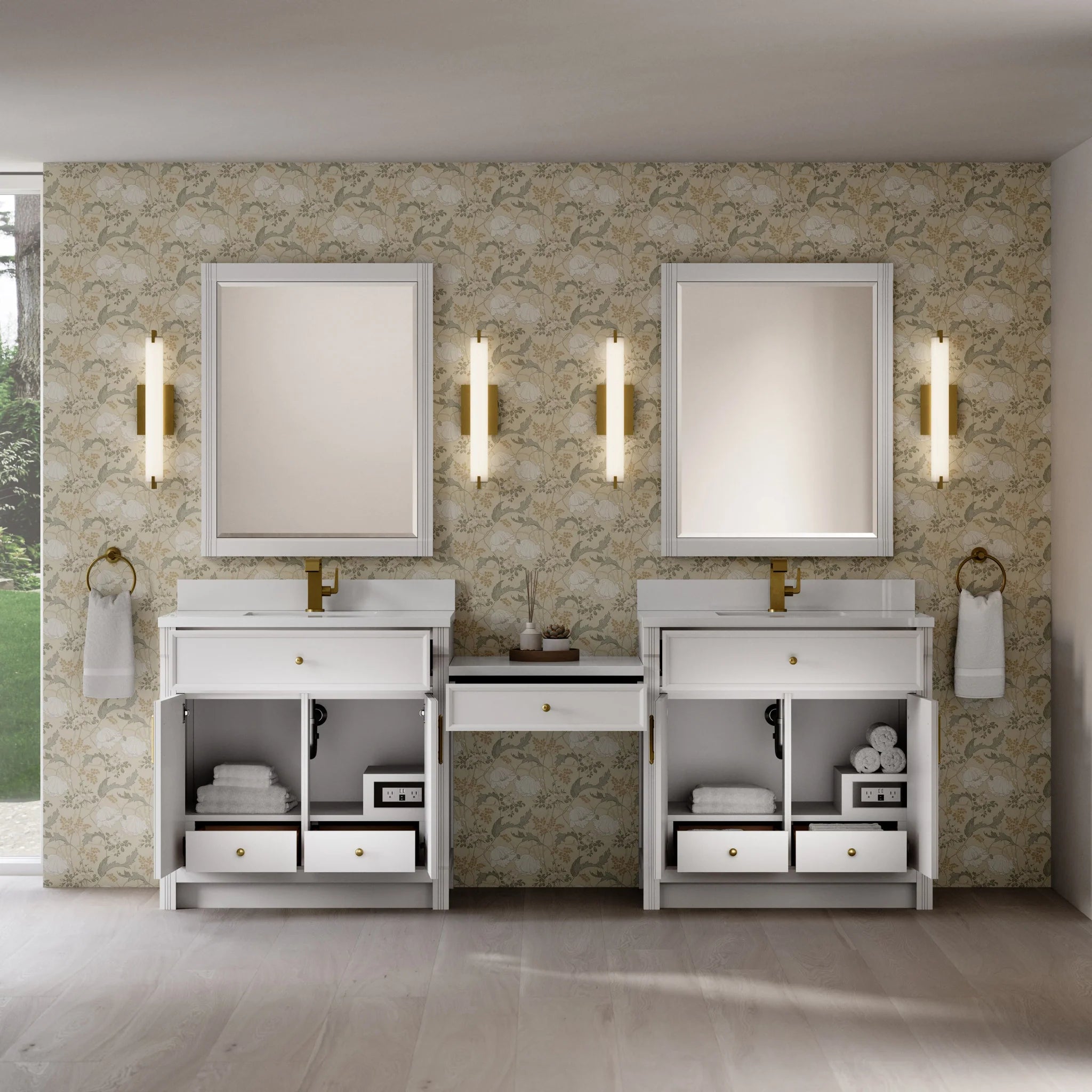 96" Bellshire Dual Vanity in Bright White with 24" Make-Up Counter by James Martin Vanities-White Zeus Silestone & Backsplash 3