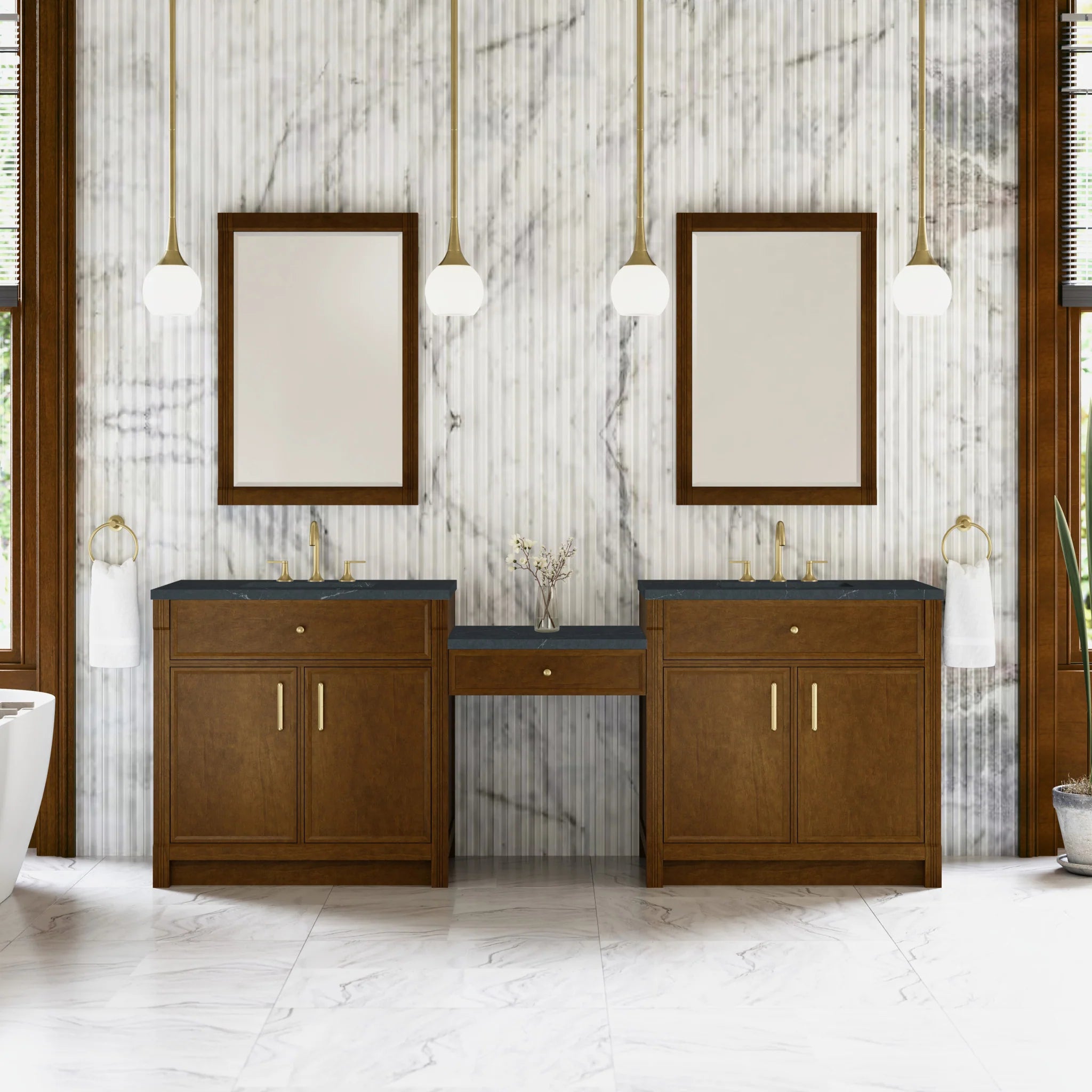 96" Bellshire Dual Vanity in Honey Oak with 24" Make-Up Counter by James Martin Vanities-Charcoal Soapstone Silestone 1