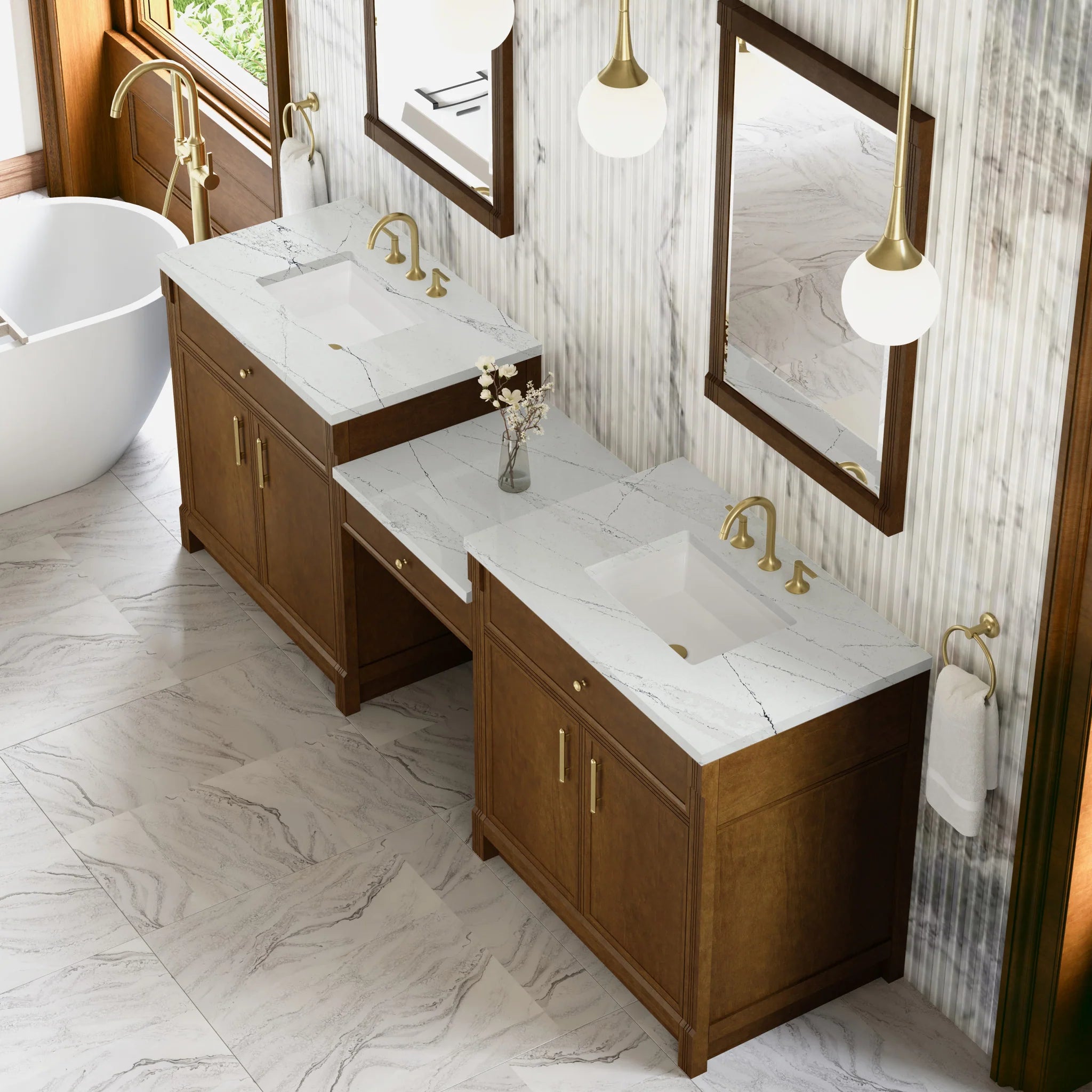 96" Bellshire Dual Vanity in Honey Oak with 24" Make-Up Counter by James Martin Vanities-Ethereal Noctis Silestone 3