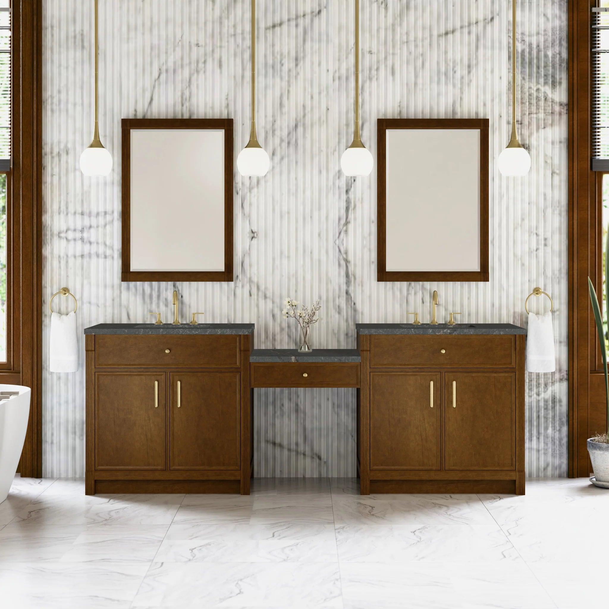 96" Bellshire Dual Vanity in Honey Oak with 24" Make-Up Counter by James Martin Vanities-Parisien Bleu Silestone 1