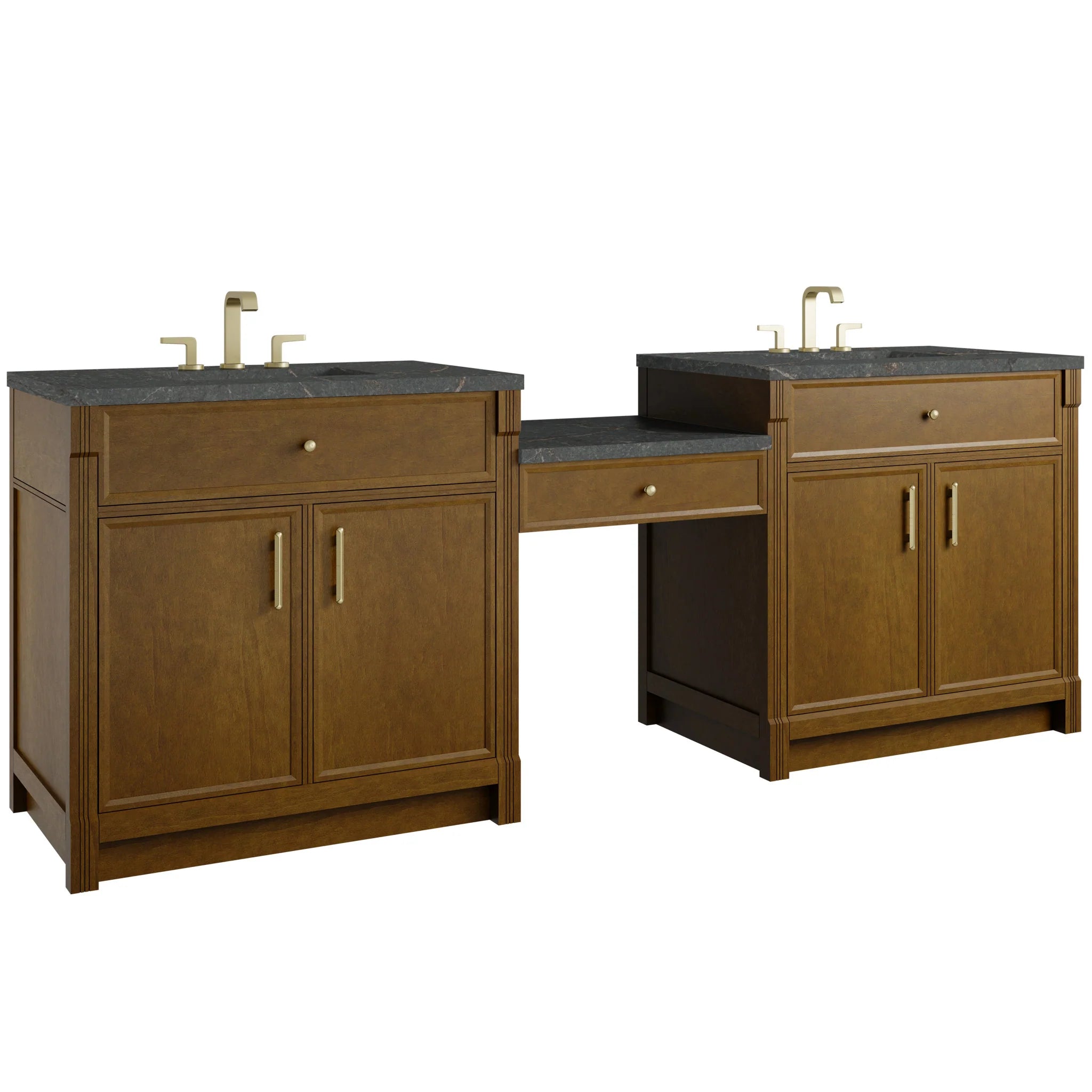 96" Bellshire Dual Vanity in Honey Oak with 24" Make-Up Counter by James Martin Vanities-Parisien Bleu Silestone 4