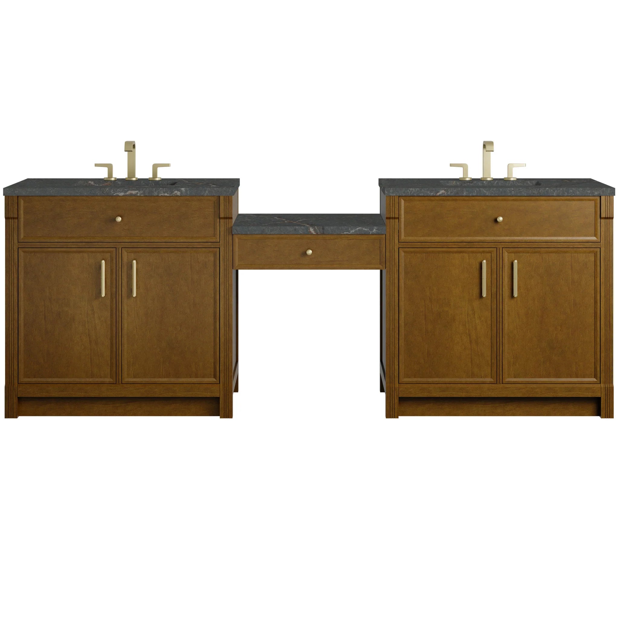 96" Bellshire Dual Vanity in Honey Oak with 24" Make-Up Counter by James Martin Vanities-Parisien Bleu Silestone