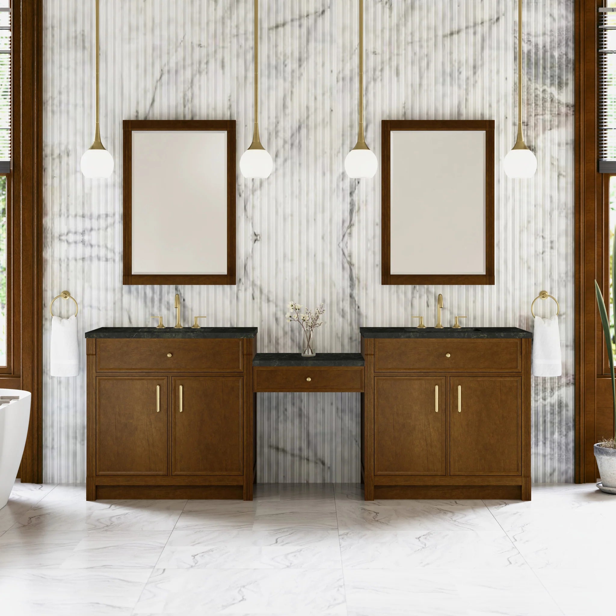 96" Bellshire Dual Vanity in Honey Oak with 24" Make-Up Counter by James Martin Vanities-Phantome Eclos 1