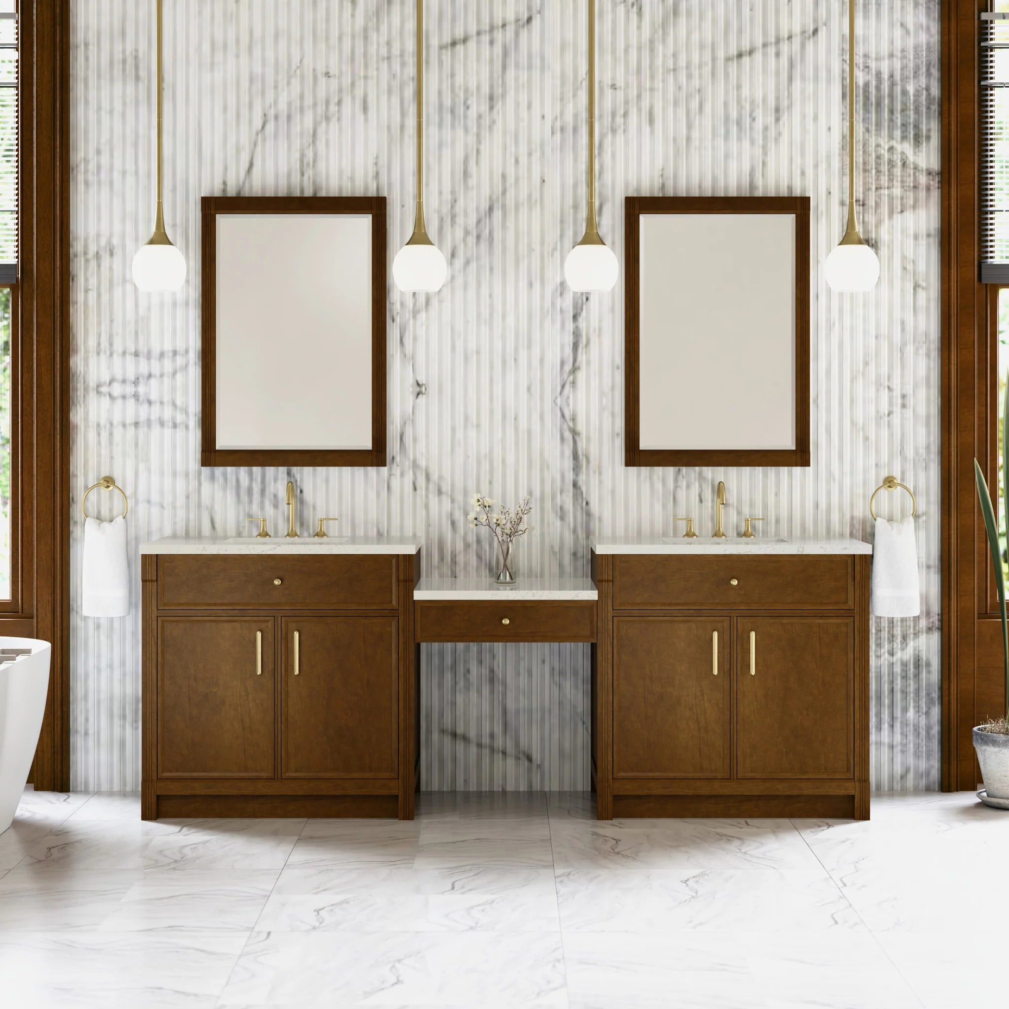 96" Bellshire Dual Vanity in Honey Oak with 24" Make-Up Counter by James Martin Vanities-Siberian Silestone 1