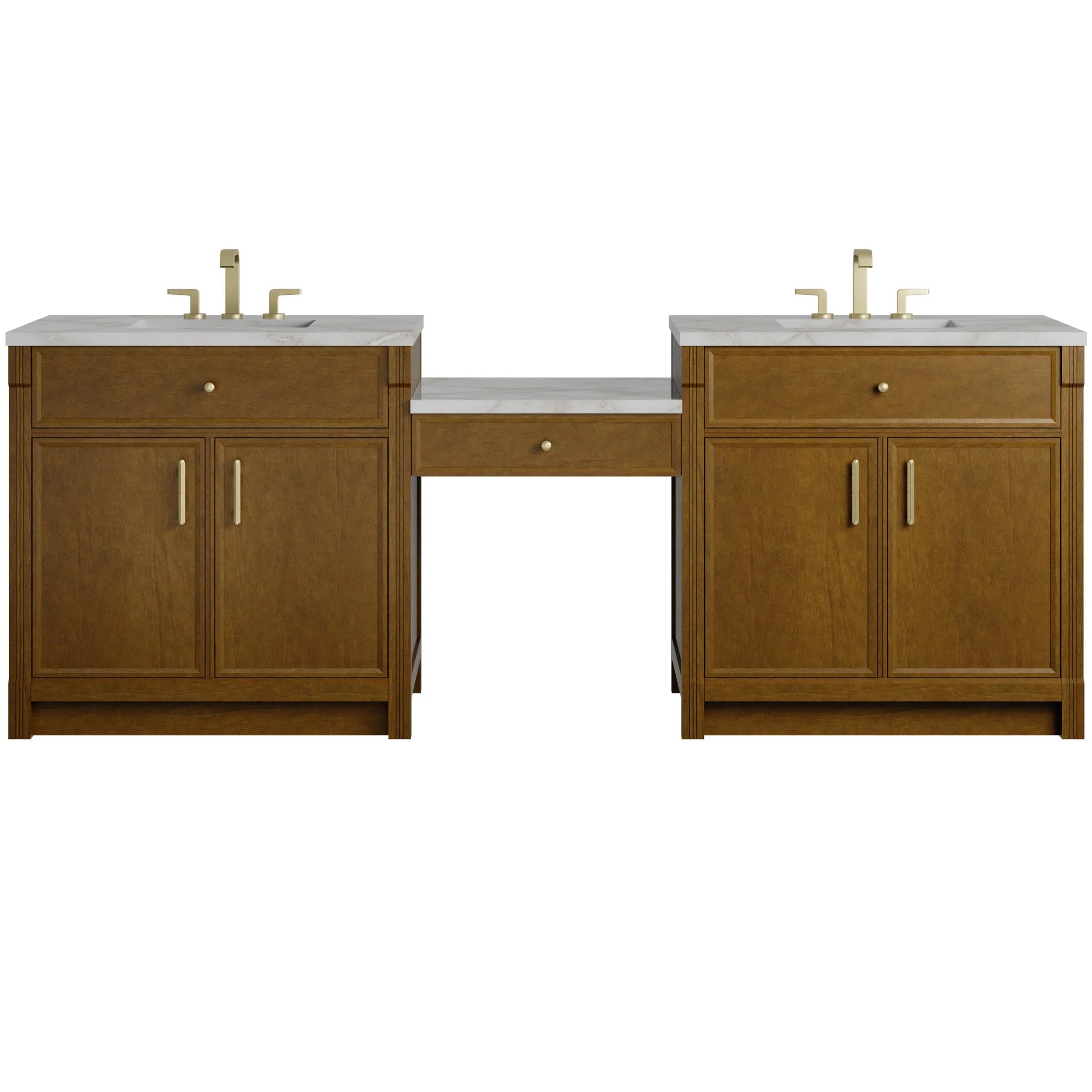 96" Bellshire Dual Vanity in Honey Oak with 24" Make-Up Counter by James Martin Vanities-Victorian Silver Silestone
