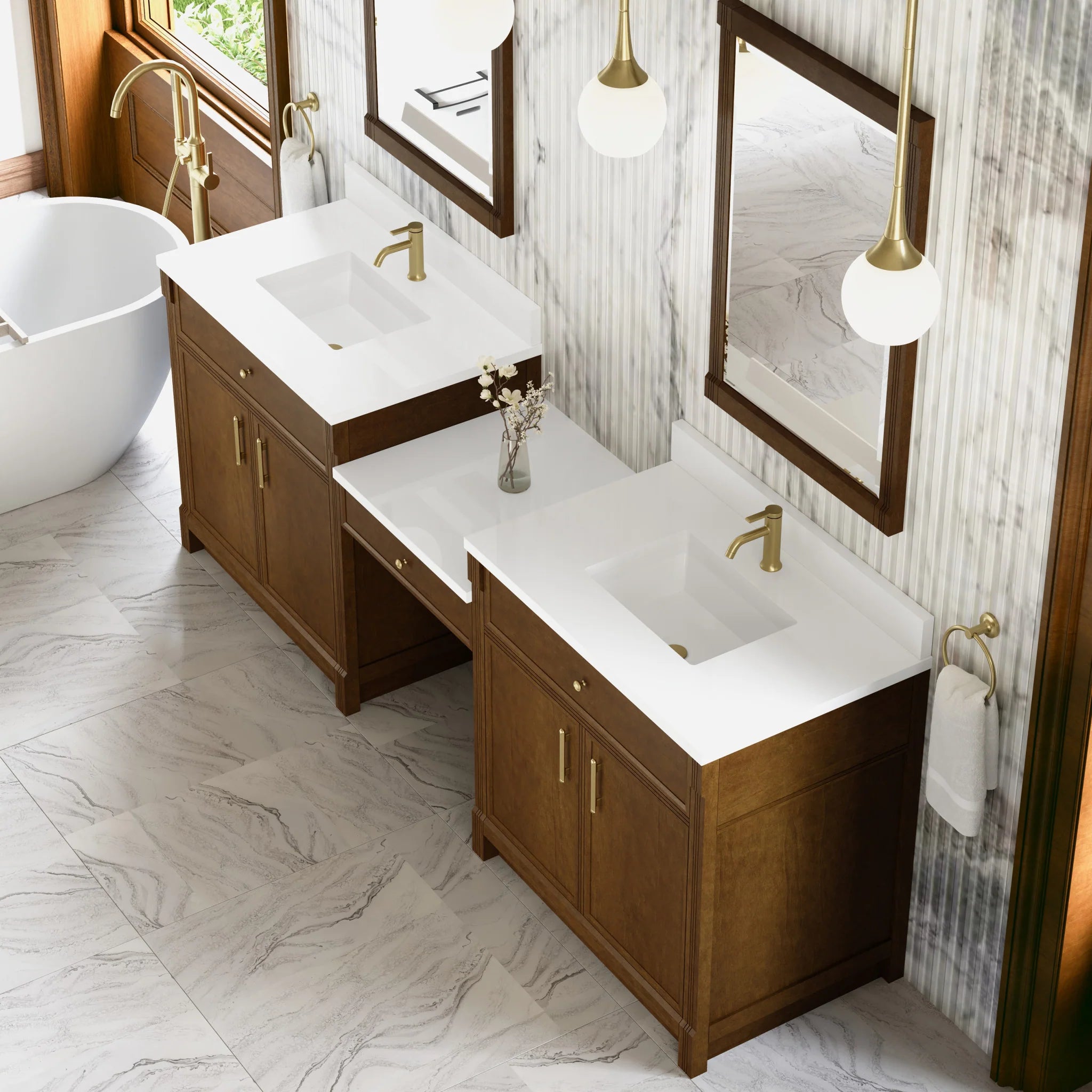 96" Bellshire Dual Vanity in Honey Oak with 24" Make-Up Counter by James Martin Vanities-White Zeus Silestone & Backsplash 4