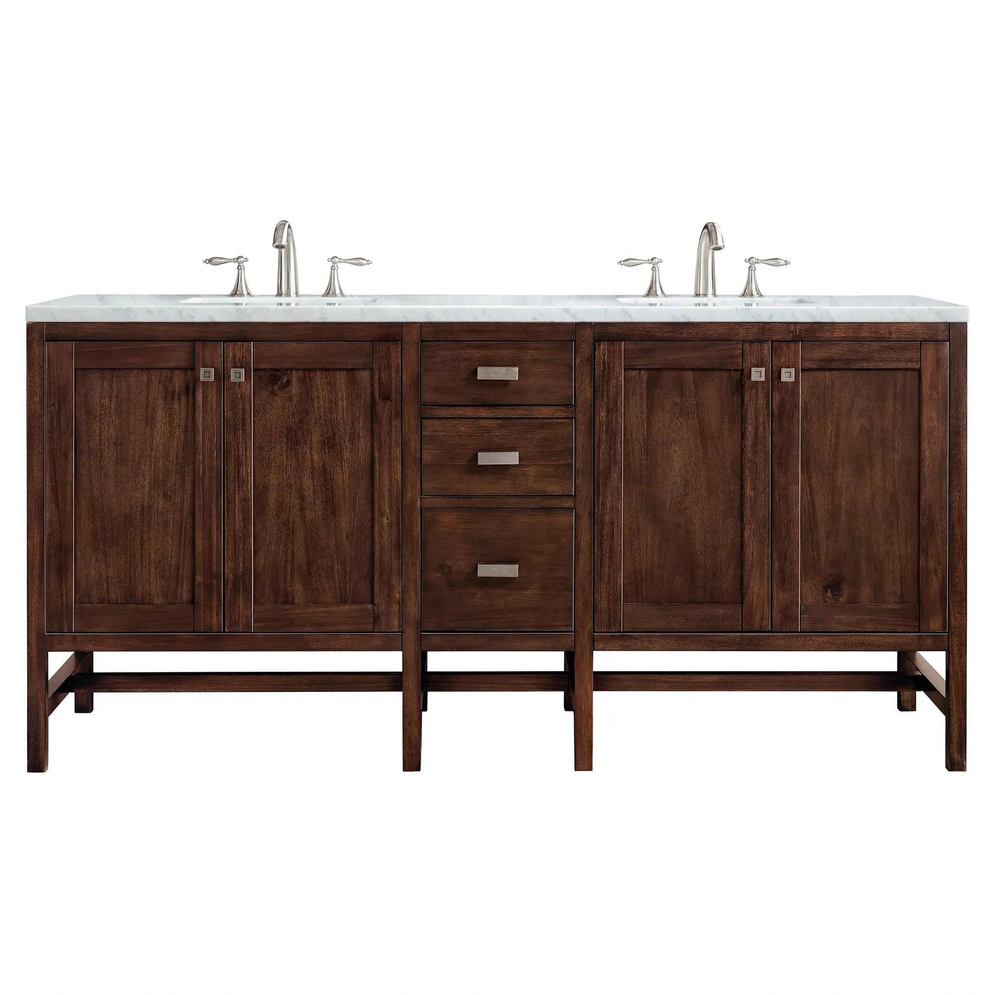 Addison 72 Double Vanity In Mid Century Acacia Standard Carrara White Marble 8 Widespread 1