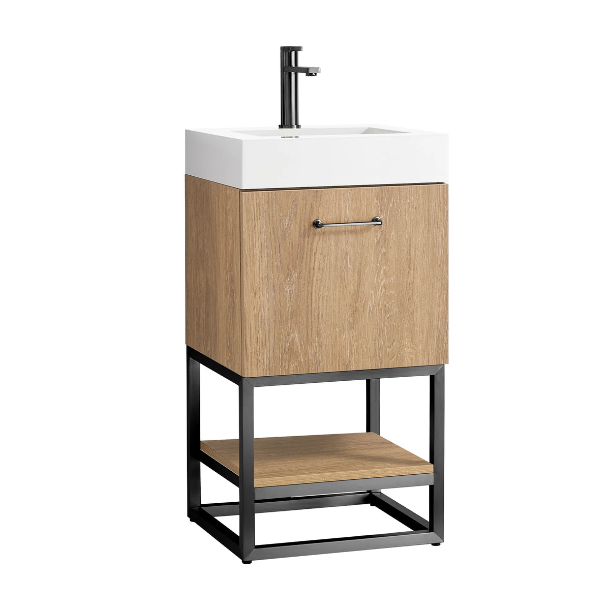 Studio view of the oak vanity with a Matte Black pull, white top and open shelf underneath
