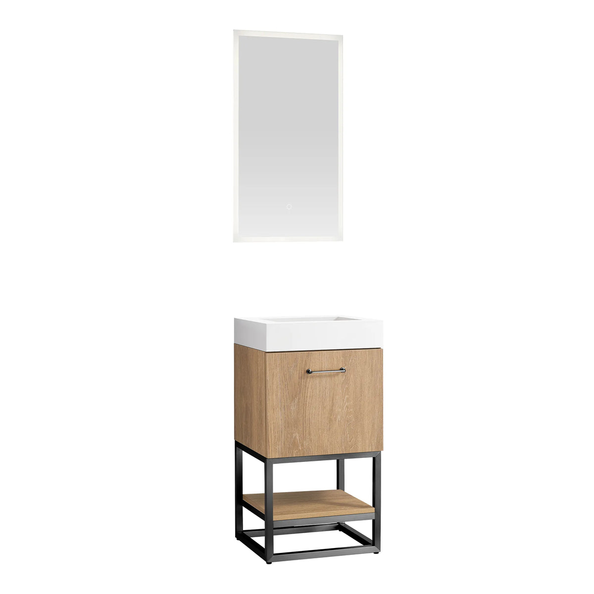 Front view on white of the vanity with the matching mirror hung over it and a black metal base