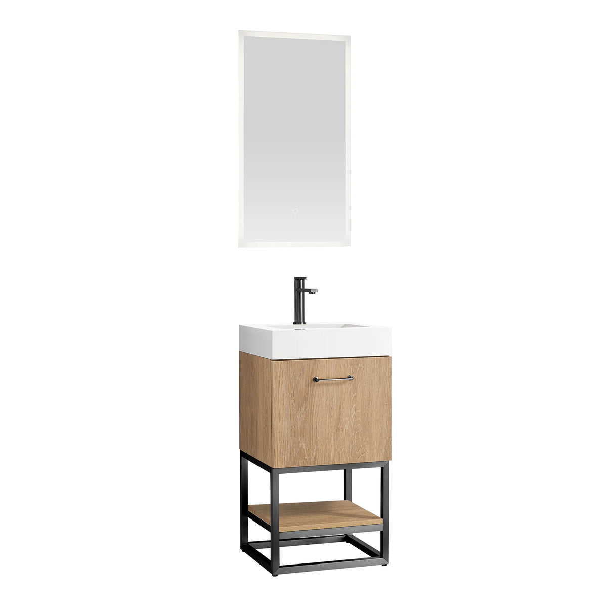 White-background front view of the vanity, matching mirror overhead and open shelf below