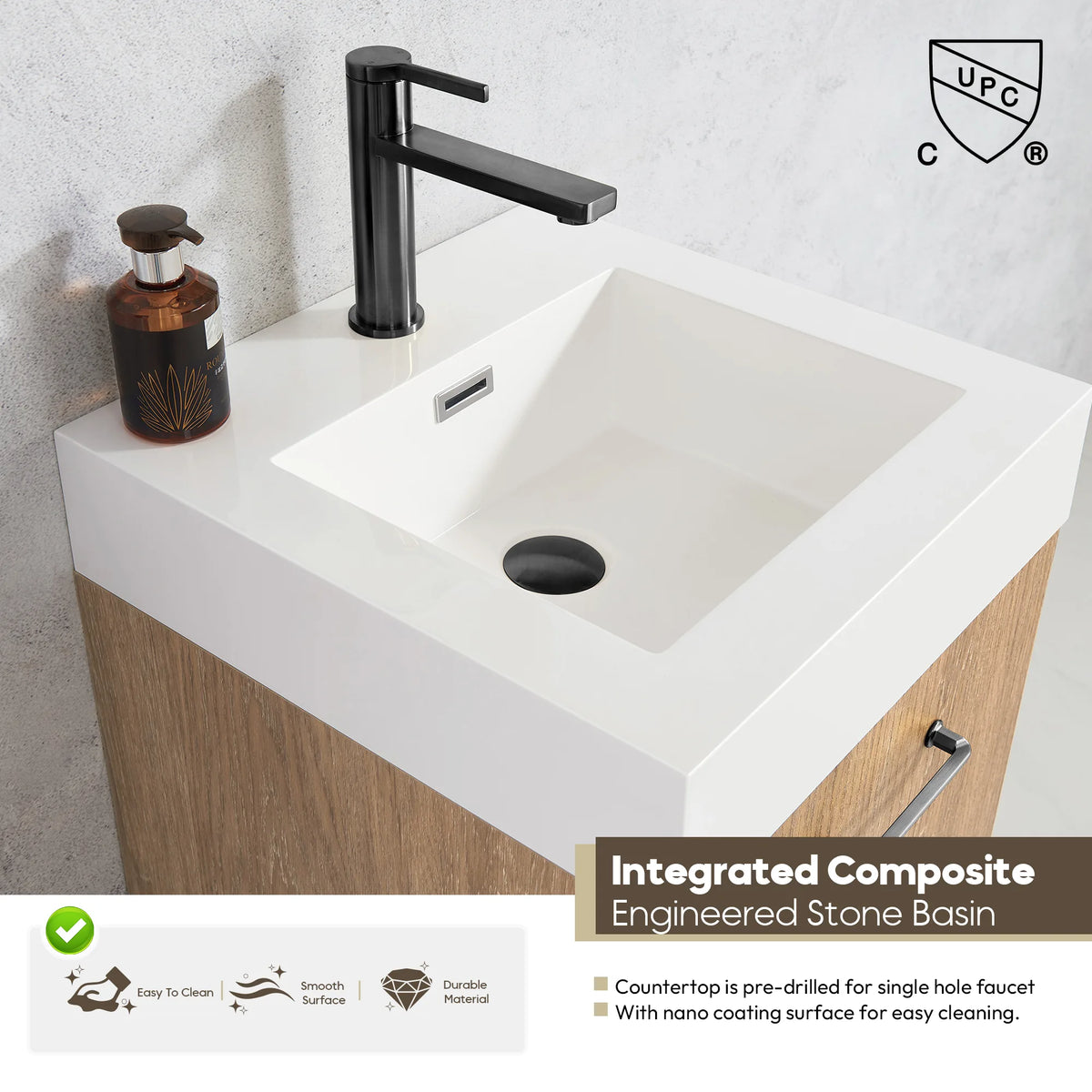 Top-down detail of the white countertop with a pre-drilled single faucet hole and callout text