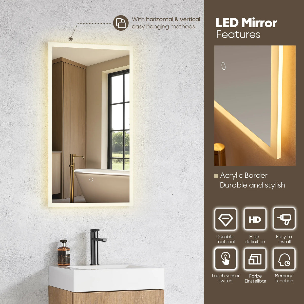 LED mirror features panel with the lit rectangular mirror, acrylic border and touch sensor icons