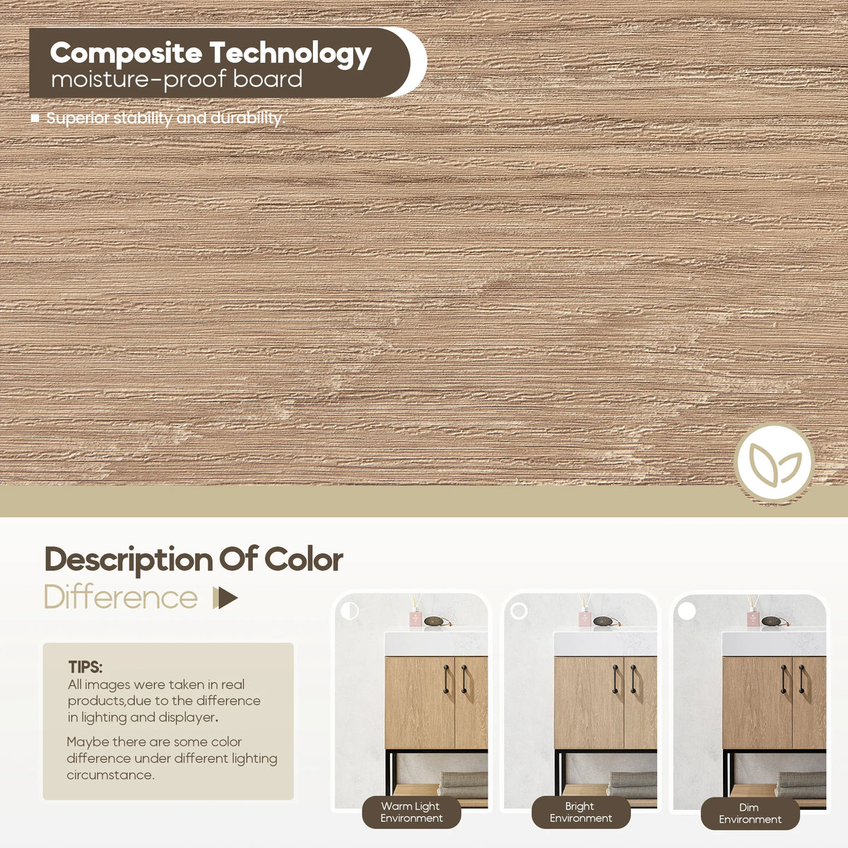 Moisture-proof board callout with a color note and small photos of the finish in different light