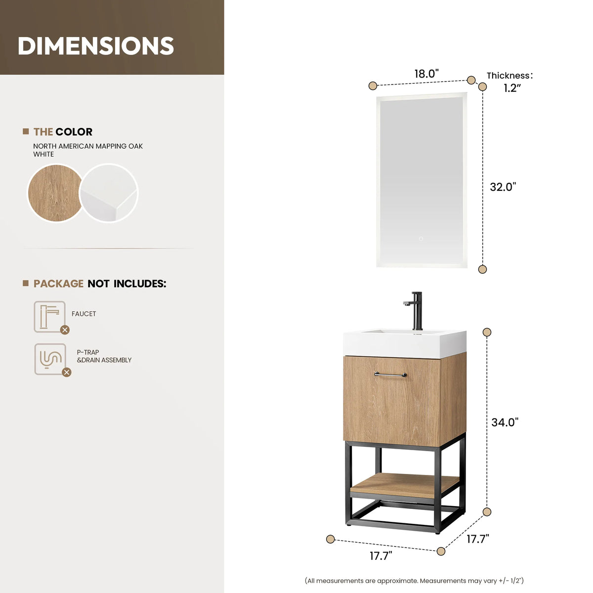 Dimension drawing of the 18 inch single vanity and its matching mirror with width, depth and height lines