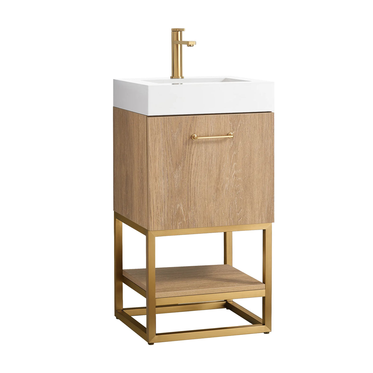 Studio front view of the oak vanity with a Brushed Gold pull, white top and open shelf below