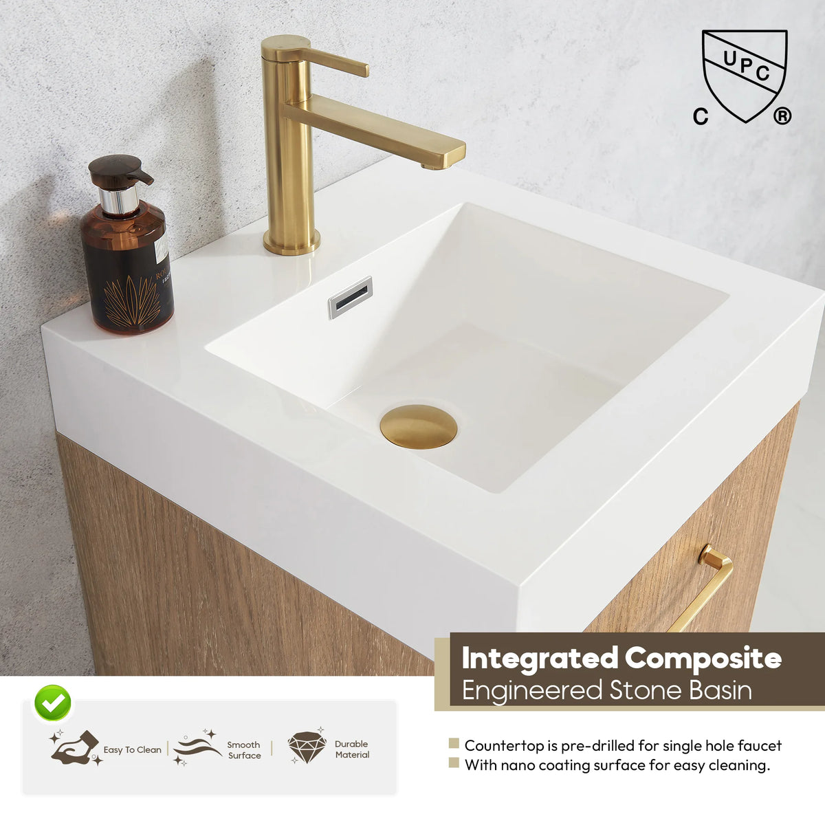 Detail of the white top, countertop pre-drilled for a single faucet hole, with callout text