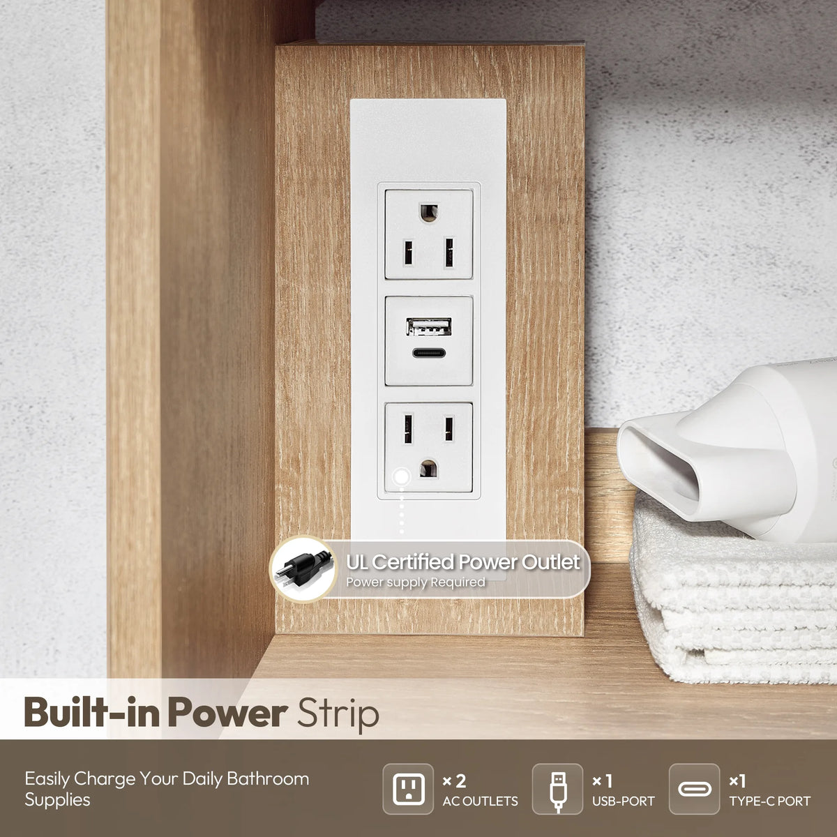 Close-up of the built-in power and USB outlet with a feature callout and charging note