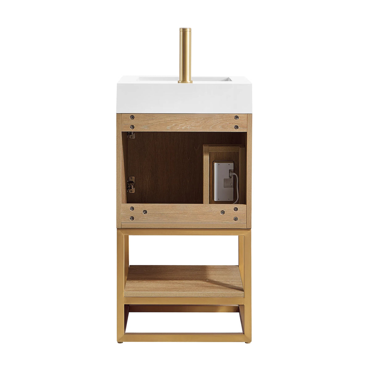 Front view with the door open to show the inside of the cabinet and the built-in outlet