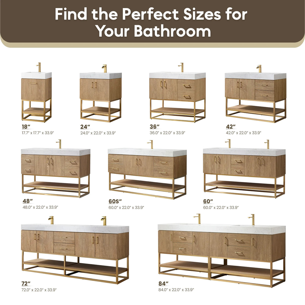Size chart graphic showing the range of vanity sizes in a grid, each labeled with its dimensions