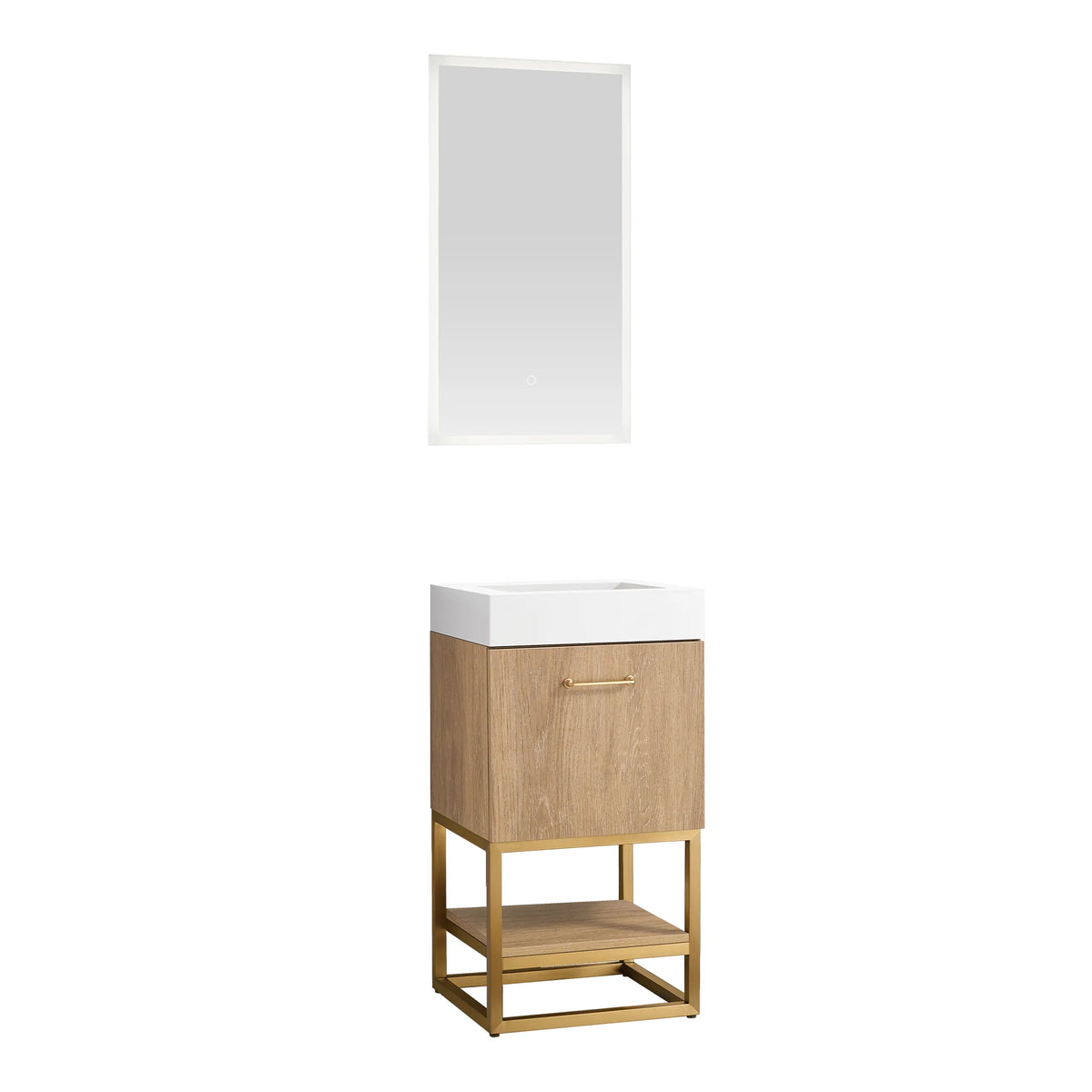 Front view of the vanity with its matching mirror mounted above, on a white background