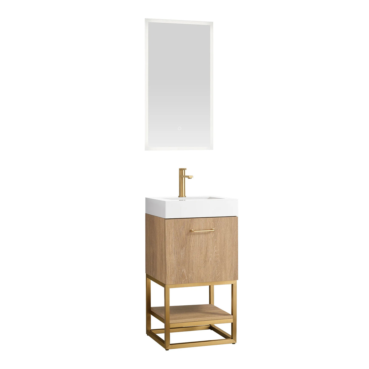 Front view on white of the compact vanity with its mirror above and a gold metal base below