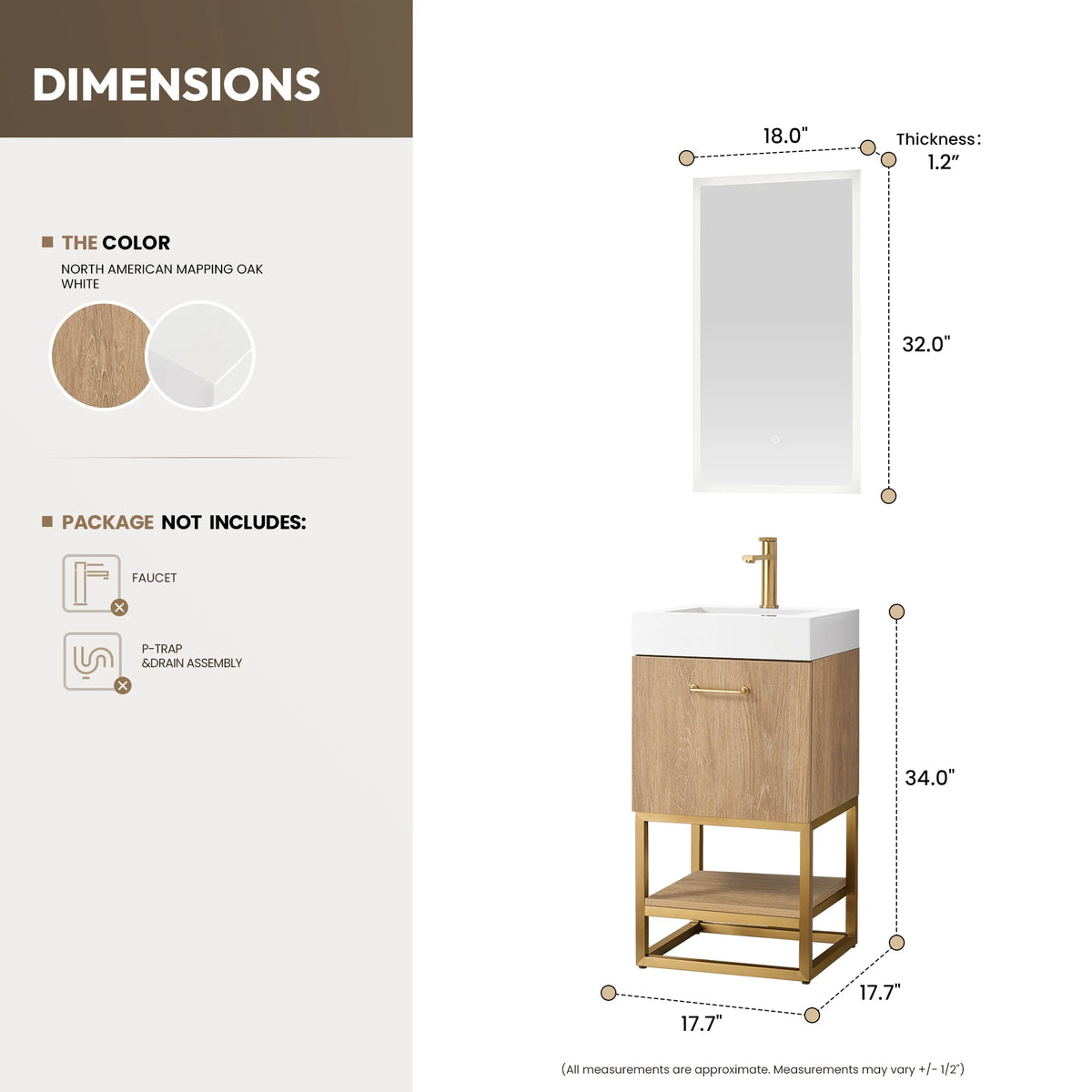Dimension drawing of the 18 inch single vanity and matching mirror, with width, depth and height lines