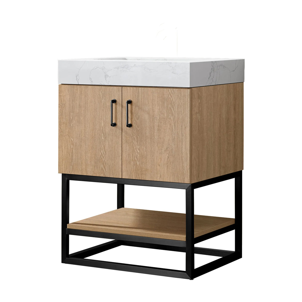 Front view of a 24 inch single bathroom vanity in North American Oak with a black metal base and open shelf