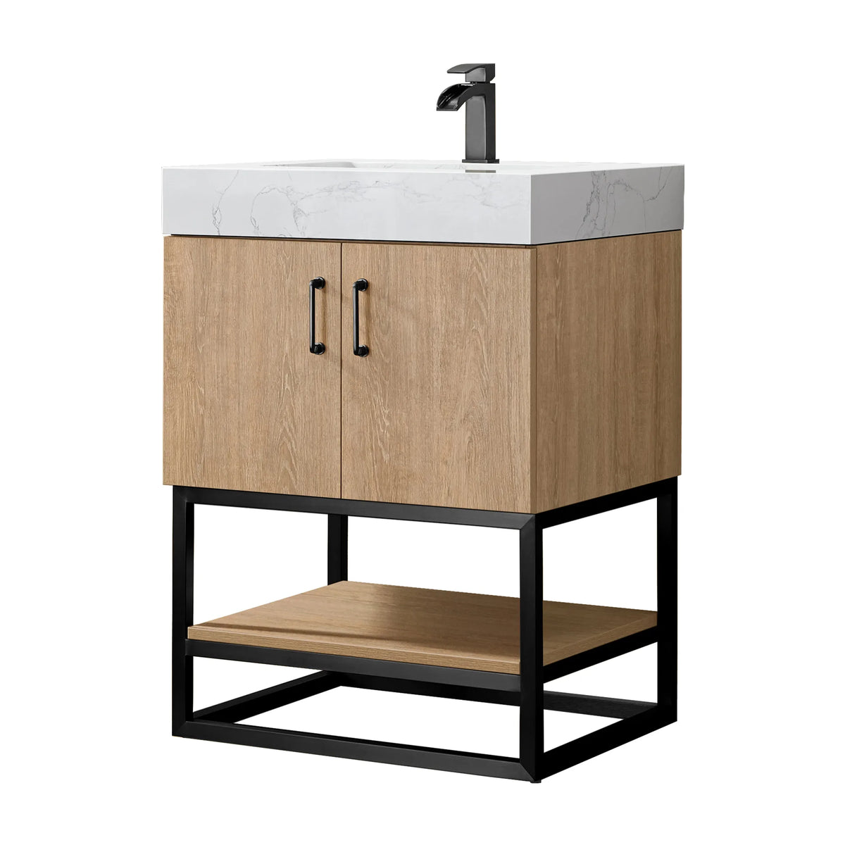 Studio front view of the oak vanity with Matte Black pulls and a veined white top