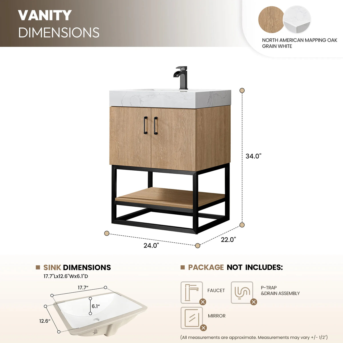 Dimension drawing of the 24 inch single vanity showing overall width, depth and height and the sink outline