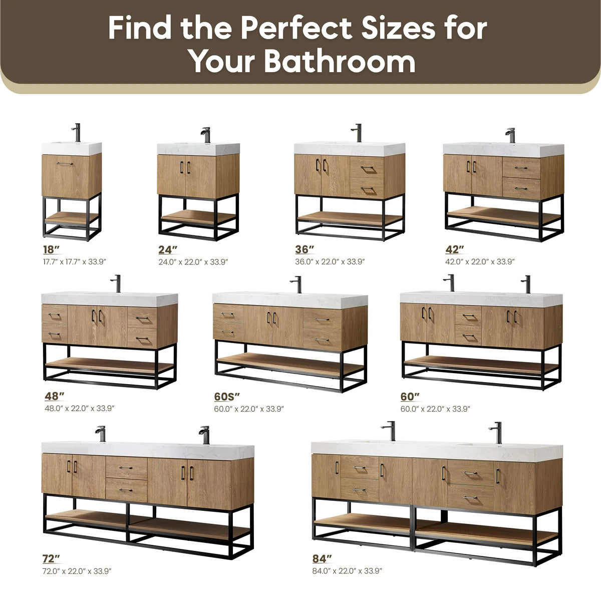 Size chart graphic showing vanity sizes in a grid with dimensions listed under each